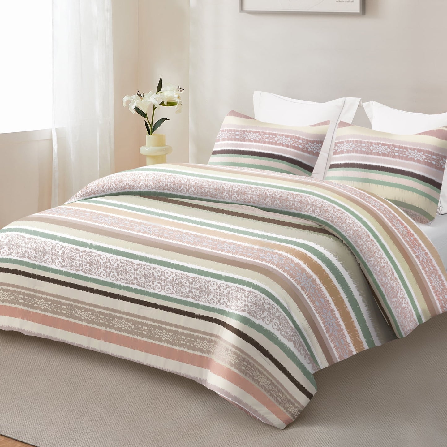 Exclusivo Mezcla 3-Piece Boho Striped Queen Size Comforter Set, Microfiber Bedding Down Alternative Comforter for All Seasons with 2 Pillow Shams, Pink