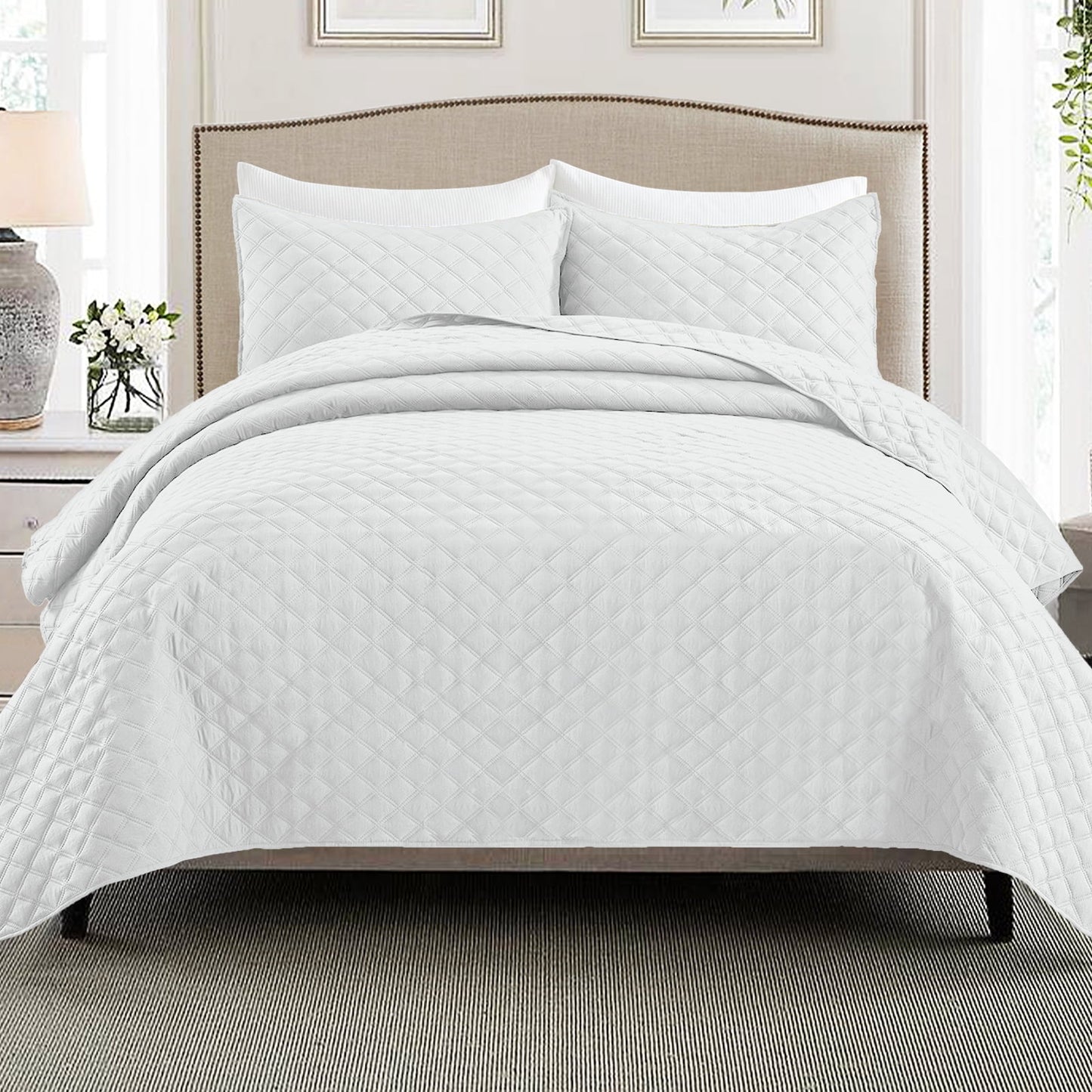 Exclusivo Mezcla 2-Piece White Twin Size Quilt Set, Box Pattern Ultrasonic Lightweight and Soft Quilts/Bedspreads/Coverlets/Bedding Set (1 Quilt, 1 Pillow Sham) for All Seasons