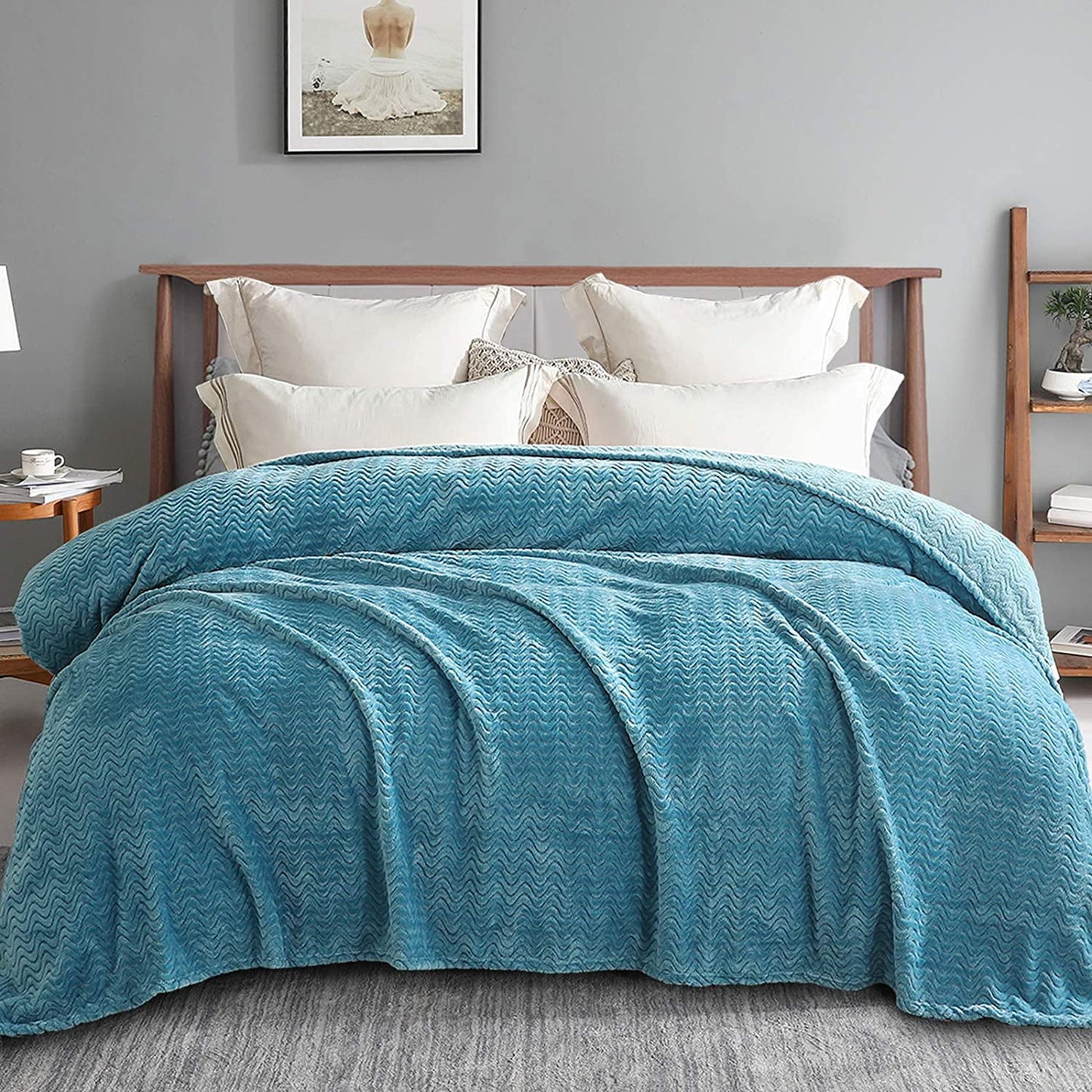 Exclusivo Mezcla Queen Size Jacquard Weave Wave Pattern Flannel Fleece Velvet Plush Bed Blanket as Bedspread/Coverlet/Bed Cover (90" x 90", Slate Blue) - Soft, Lightweight, Warm and Cozy