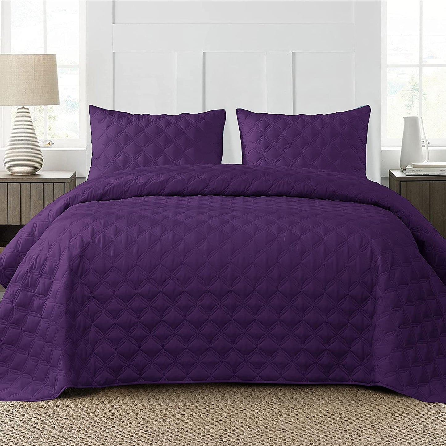 Exclusivo Mezcla Bed Quilt Set King Size for All Seasons, Stitched Pattern Quilted Bedspread/ Bedding Set/ Coverlet with 2 Pillow shams, Lightweight and Soft, Purple