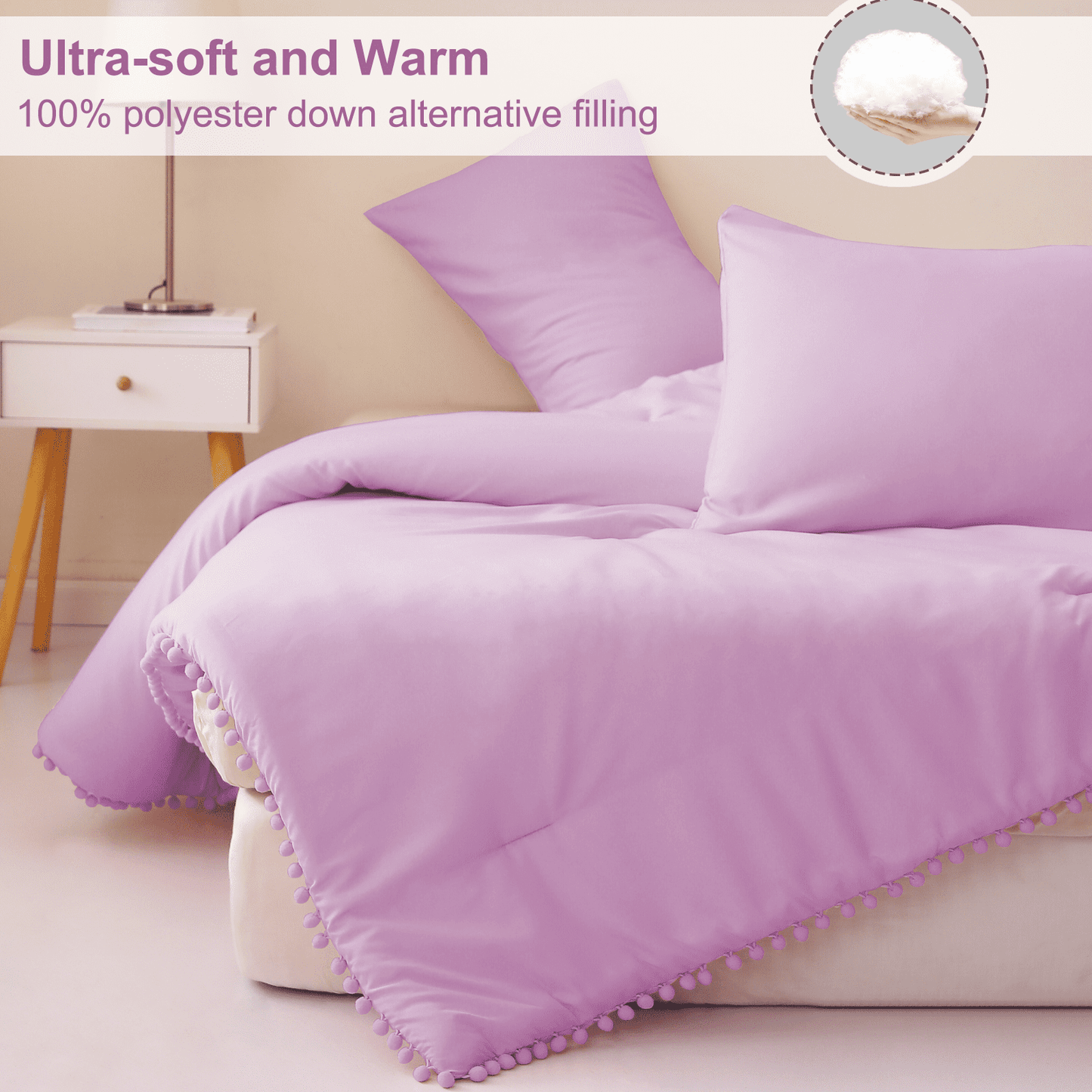 Exclusivo Mezcla Boho Pom Pom Ball Fringe King Size Comforter Set, 3 Piece Lilac Lightweight Down Alternative Bedding Comforter Sets for All Seasons (1 Comforter and 2 Pillowcases)