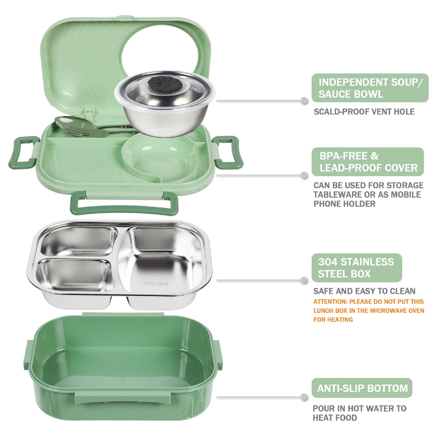 Exclusivo Mezcla Stainless Steel Bento Lunch Box for Kids and Adults,Stackable BPA-Free Food Containers with 3 Compartments and Reusable Sauce Bowl, Fork and Spoon, (1000ml/34oz, Green)