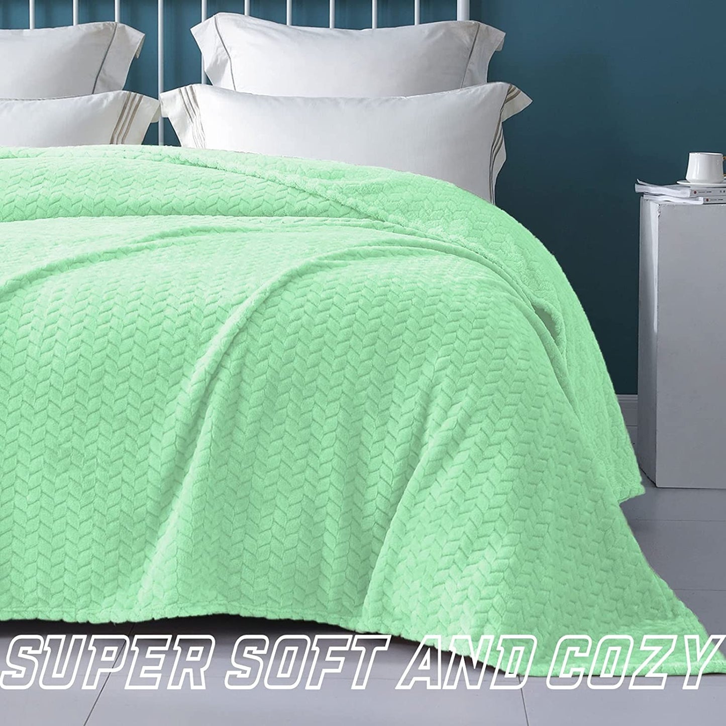 Exclusivo Mezcla Queen Size Flannel Fleece Blanket, 90x90 Inches Soft Jacquard Weave Leaves Pattern Velvet Plush Blanket for Bed, Cozy, Warm, Lightweight and Decorative Mint Blanket