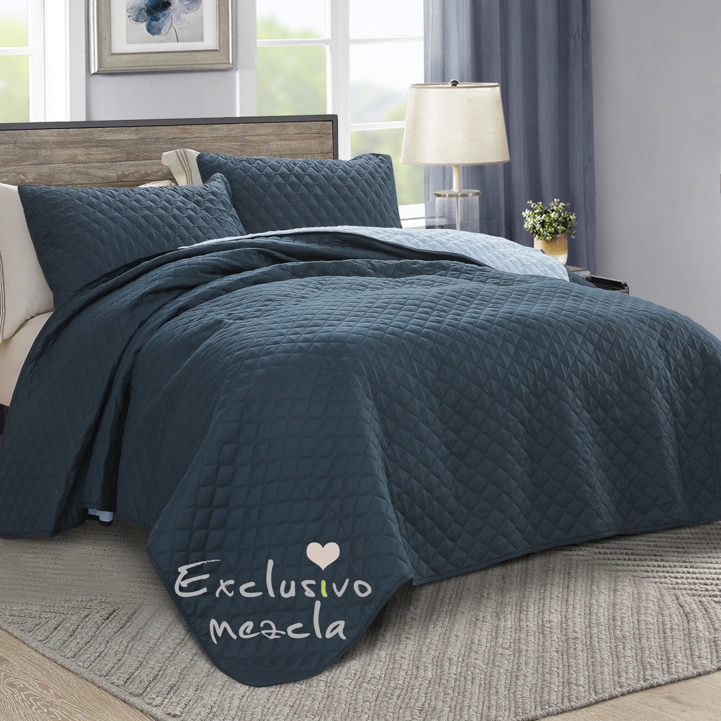 Exclusivo Mezcla Ultrasonic Reversible Twin Quilt Bedding Set with Pillow Sham, Lightweight Quilts Twin Size, Soft Bedspreads Bed Coverlets for All Seasons - (Navy Blue, 68"x88")