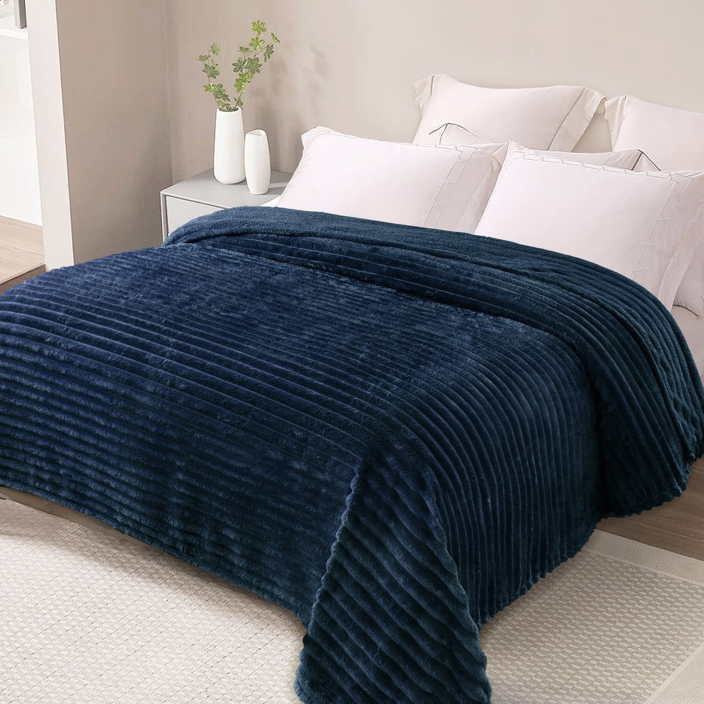 Exclusivo Mezcla Twin Size Flannel Fleece Blanket, Super Soft 3D Striped Jacquard Bed Blanket, Lightweight Fuzzy Cozy Blankets for All Seasons, 60x80 Inches, Navy Blue Blanket