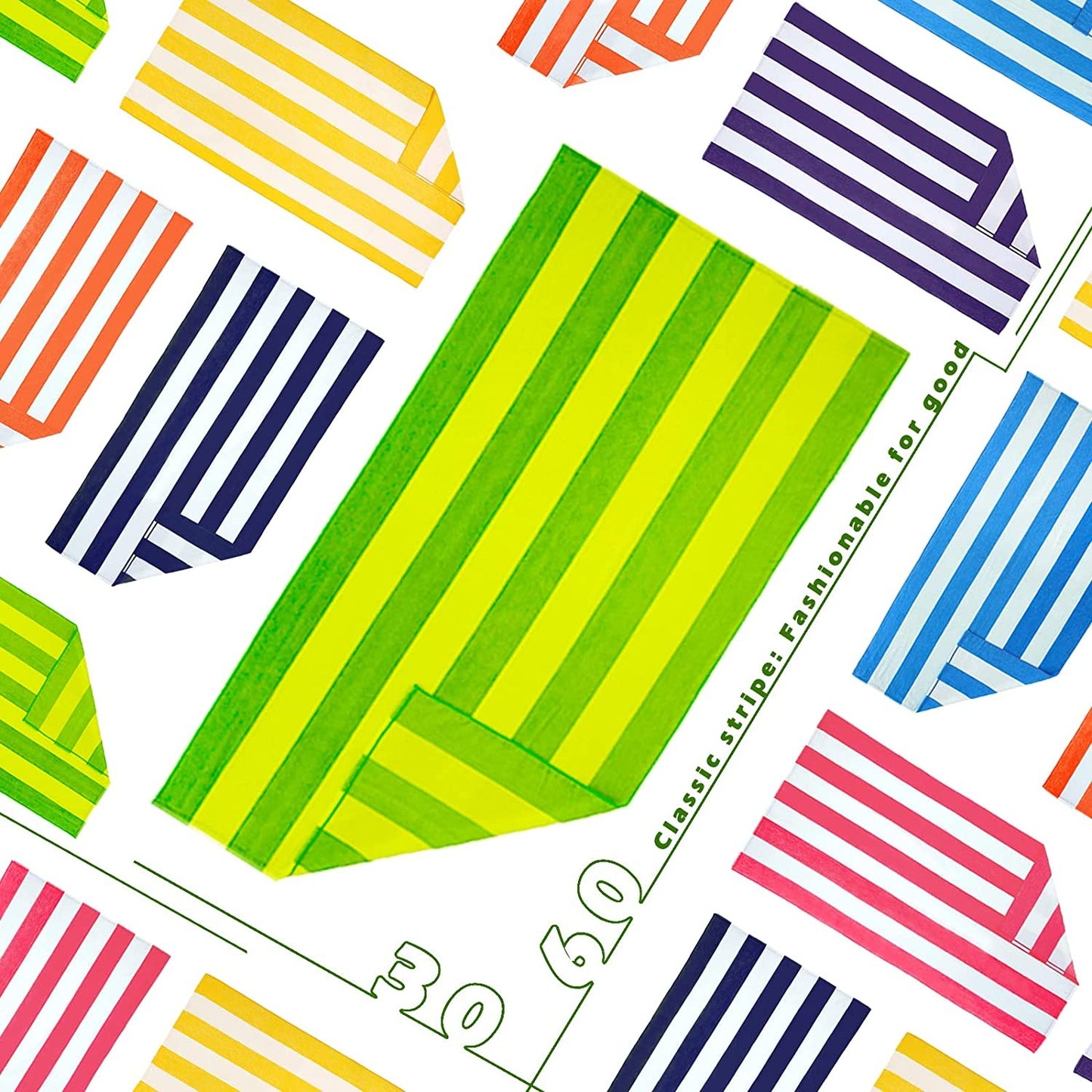 Exclusivo Mezcla 2 Pack Microfiber Cabana Striped Large Beach Towel for Adults (Green, 30" x 60")-Soft, Quick Dry, Absorbent, and Plush