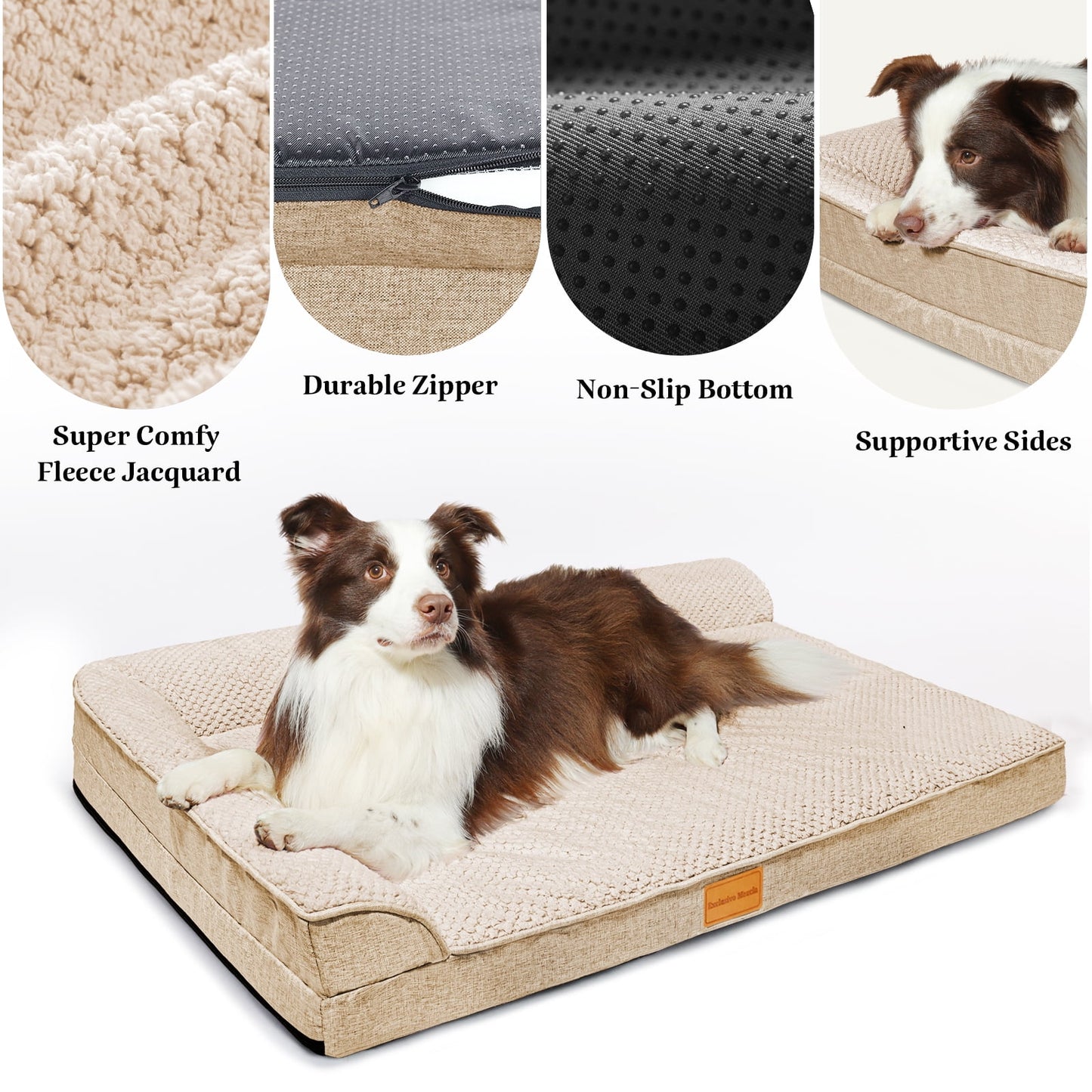 Exclusivo Mezcla Jacquard Orthopedic Pet Bed for Median Dogs, 36"X24" Waterproof L Shaped Dog Bed with Washable Cover, Ivory