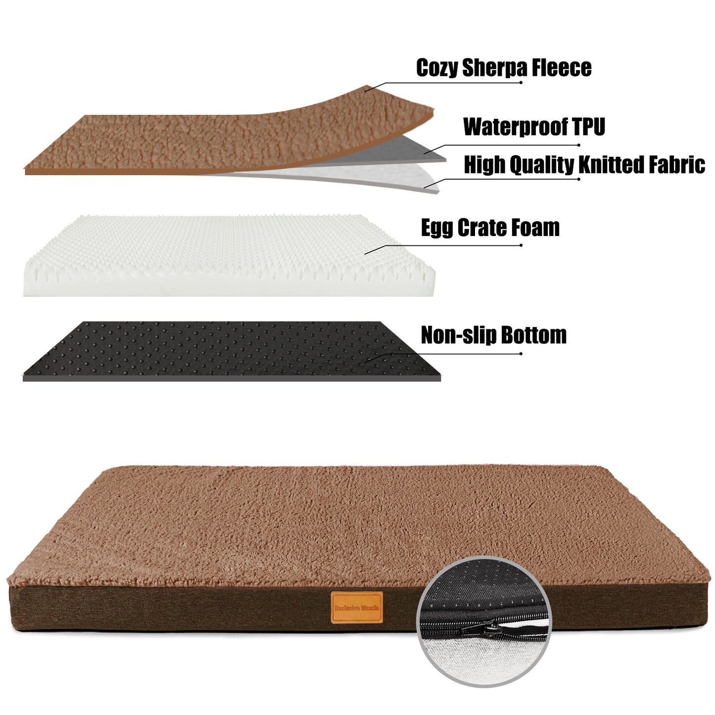 Exclusivo Mezcla Orthopedic Pet Bed for Extra Large Dogs 48"X30", Waterproof Dog Beds with Removable Washable Cover, Brown