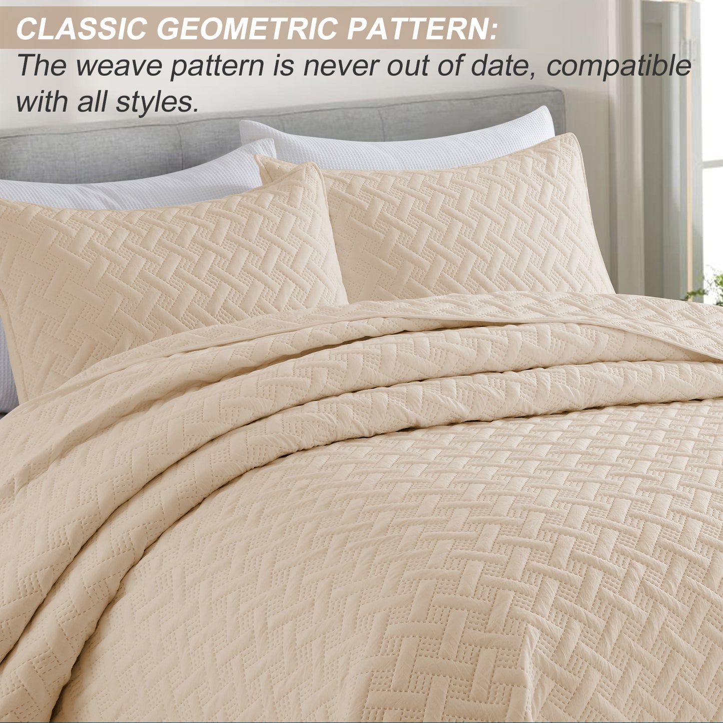 Exclusivo Mezcla 3-Piece Bone Queen Size Quilt Set, Weave Pattern Ultrasonic Lightweight and Soft Quilts/Bedspreads/Coverlets/Bedding Set (1 Quilt, 2 Pillow Shams) for All Seasons