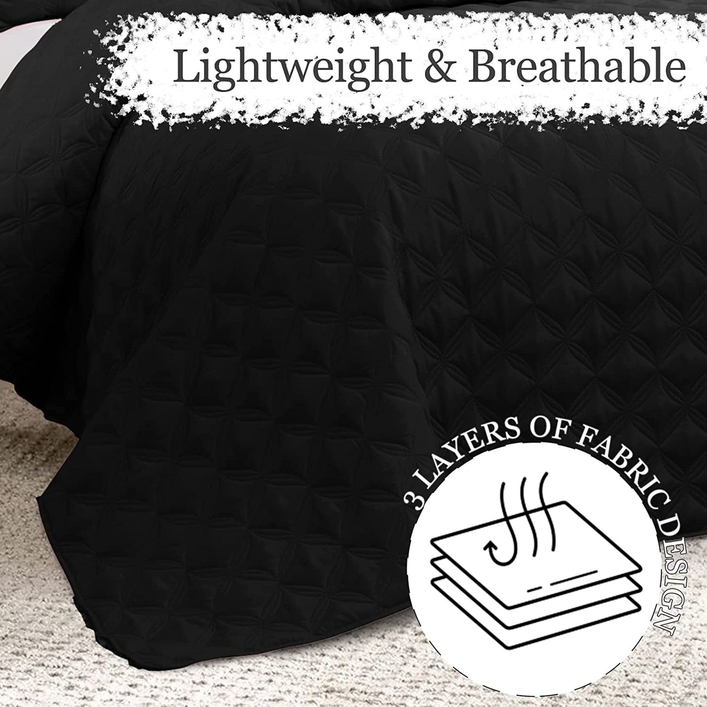 Exclusivo Mezcla Bed Quilt Set King Size for All Season, Stitched Pattern Quilted Bedspread/ Bedding Set/ Coverlet with 2 Pillow shams, Lightweight and Soft, Black