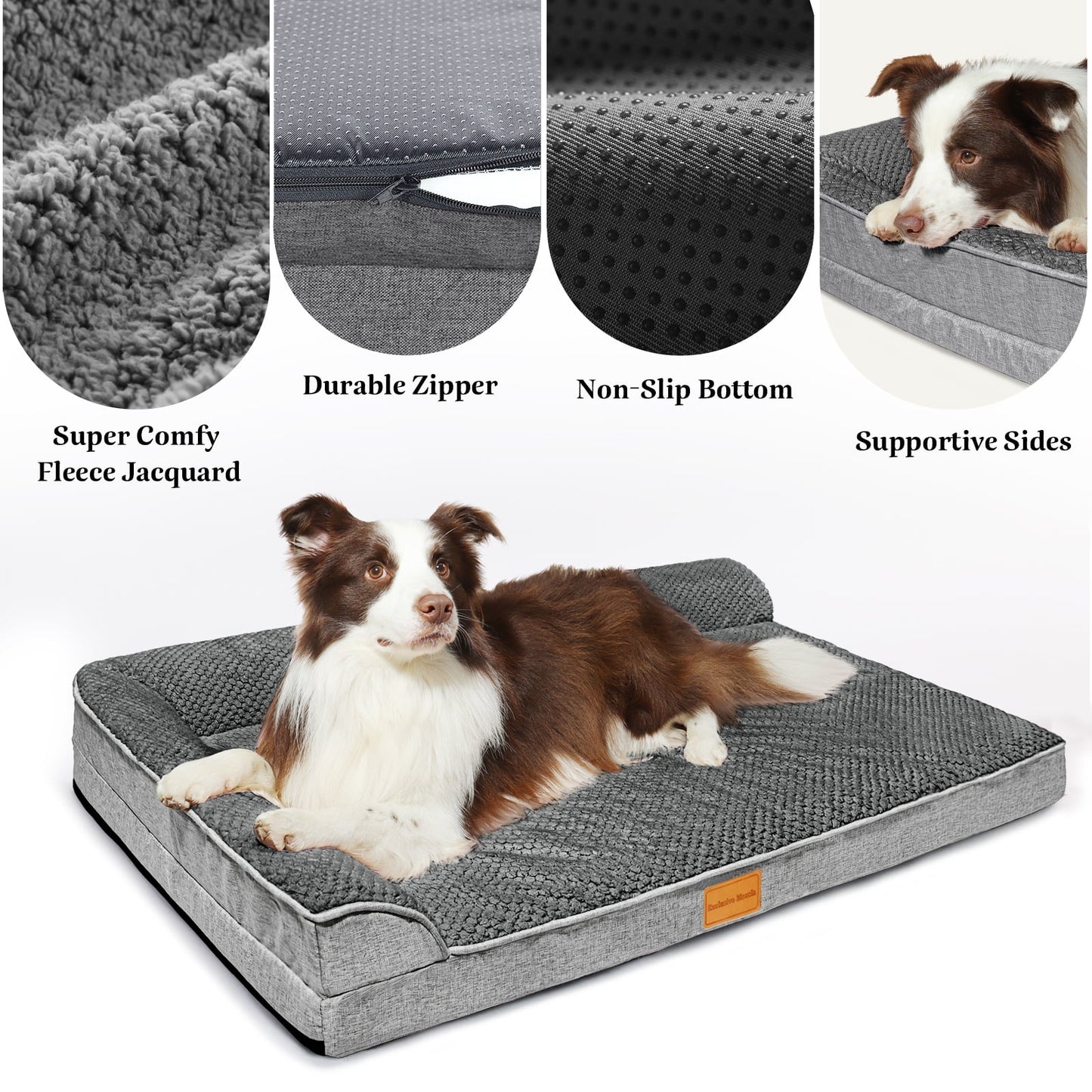 Exclusivo Mezcla Jacquard Orthopedic Pet Bed for Extra Large Dogs, 48"X30" Waterproof L Shaped Dog Bed with Washable Cover, Grey