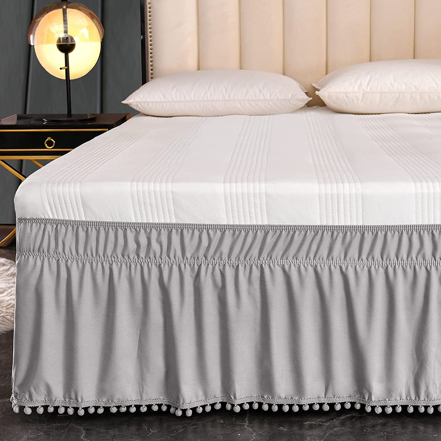Exclusivo Mezcla Pom Pom Bed Skirt with Adjustable Elastic Belt, Easy Wrap Around Dust Ruffles with 16 Inch Tailored Drop, Wrinkle and Fade Resistant, (Queen, Light Grey)