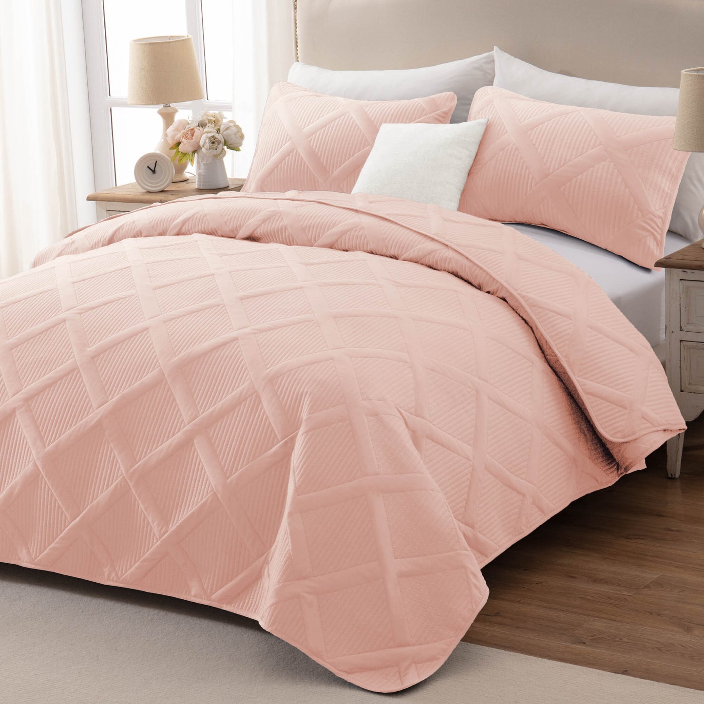 Exclusivo Mezcla Ultrasonic Twin/ Twin XL Quilt Set, Lightweight Bedspreads Modern Striped Coverlet with 1 Pillow Sham, Blush Pink