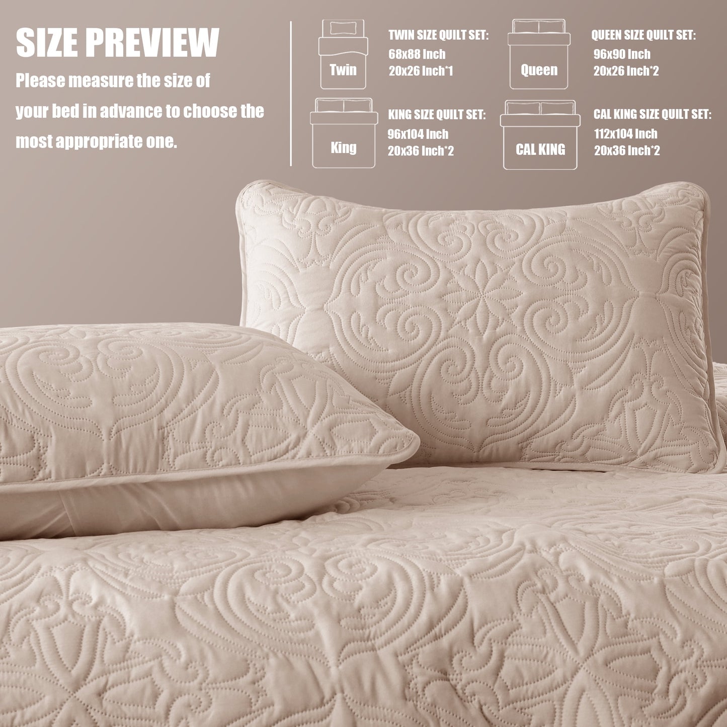 Exclusivo Mezcla Oversized King Quilt Bedding Set, Lightweight Vintage California Cal King Size Quilts with Pillow Shams, Soft Bedspreads Coverlets for All Seasons, (112"x104", Brich Beige)