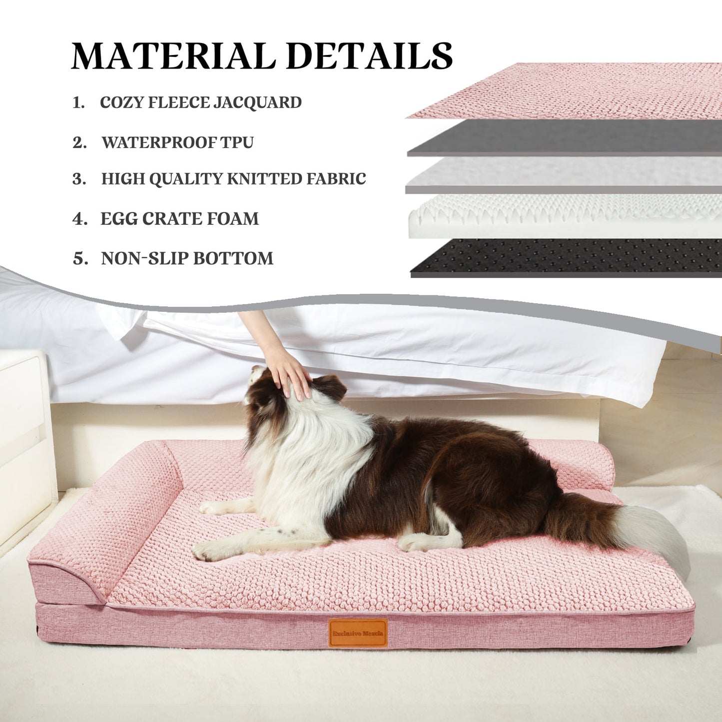 Exclusivo Mezcla Jacquard Orthopedic Pet Bed for Median Dogs, 36"X24" Waterproof L Shaped Dog Bed with Washable Cover, Pink