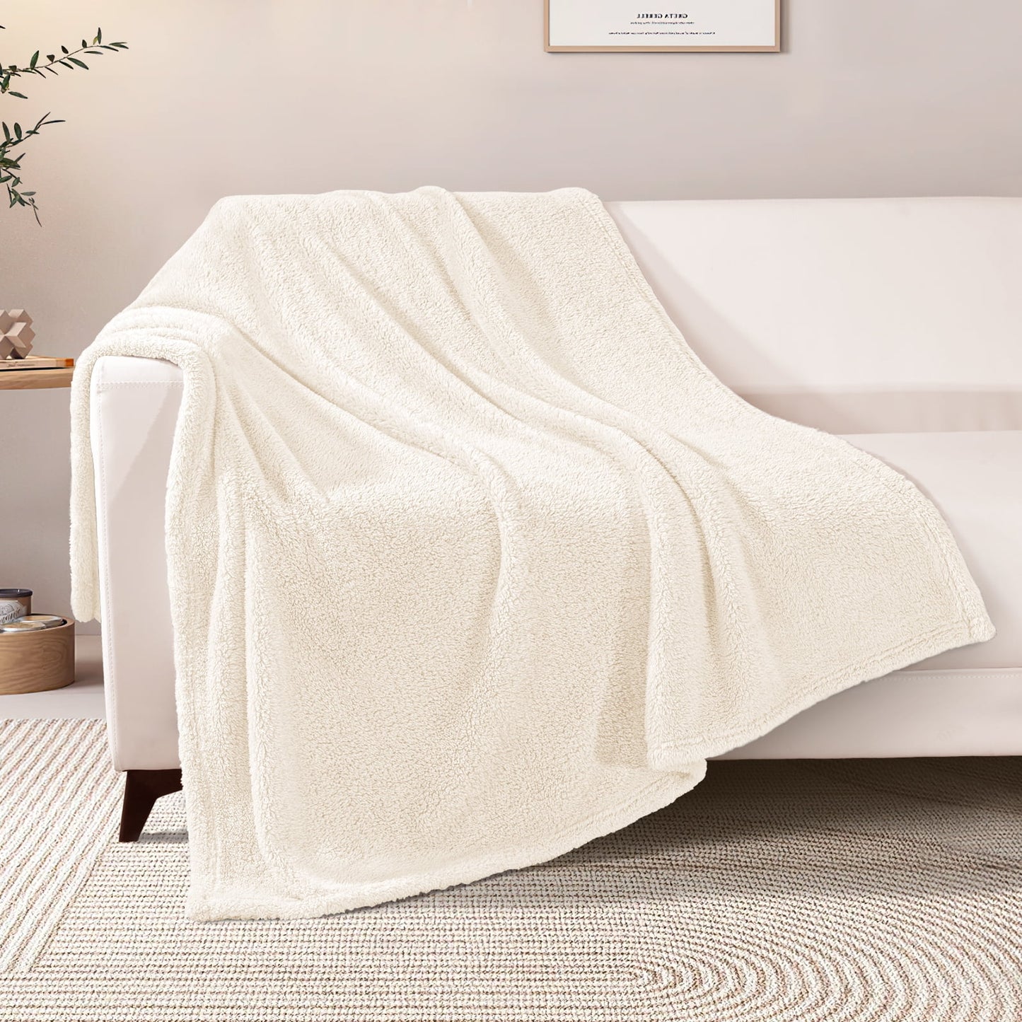 Exclusivo Mezcla Soft Fleece Throw Blanket for Couch, Super Soft Velvet Plush Bed Blanket, Fuzzy Cozy Blankets for All Seasons, 50x60 Inches, Ivory Blanket