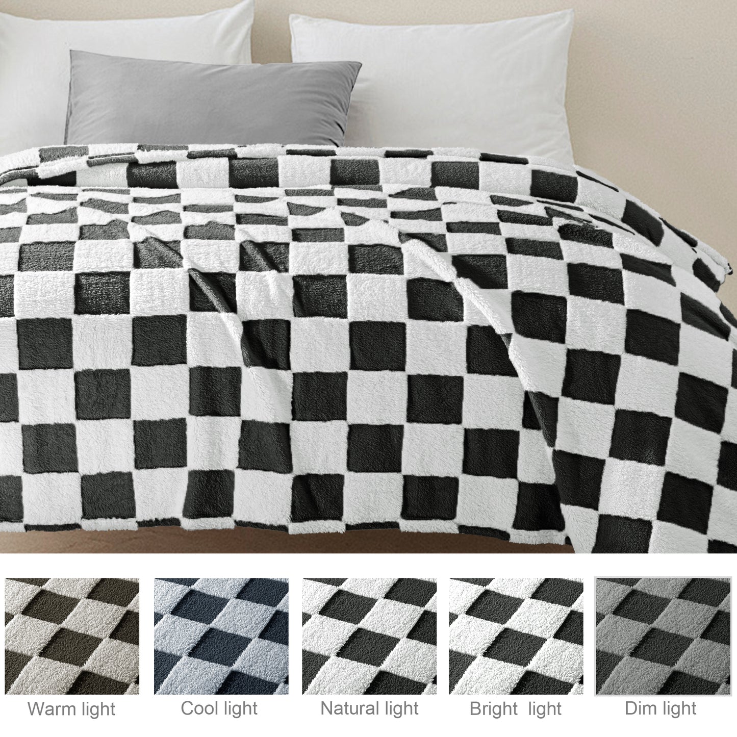 Exclusivo Mezcla Fleece Blanket King Size, Cozy Lightweight Fuzzy Checkered Blanket for Bed, Suitable for All Season, Black, 90" x 104"