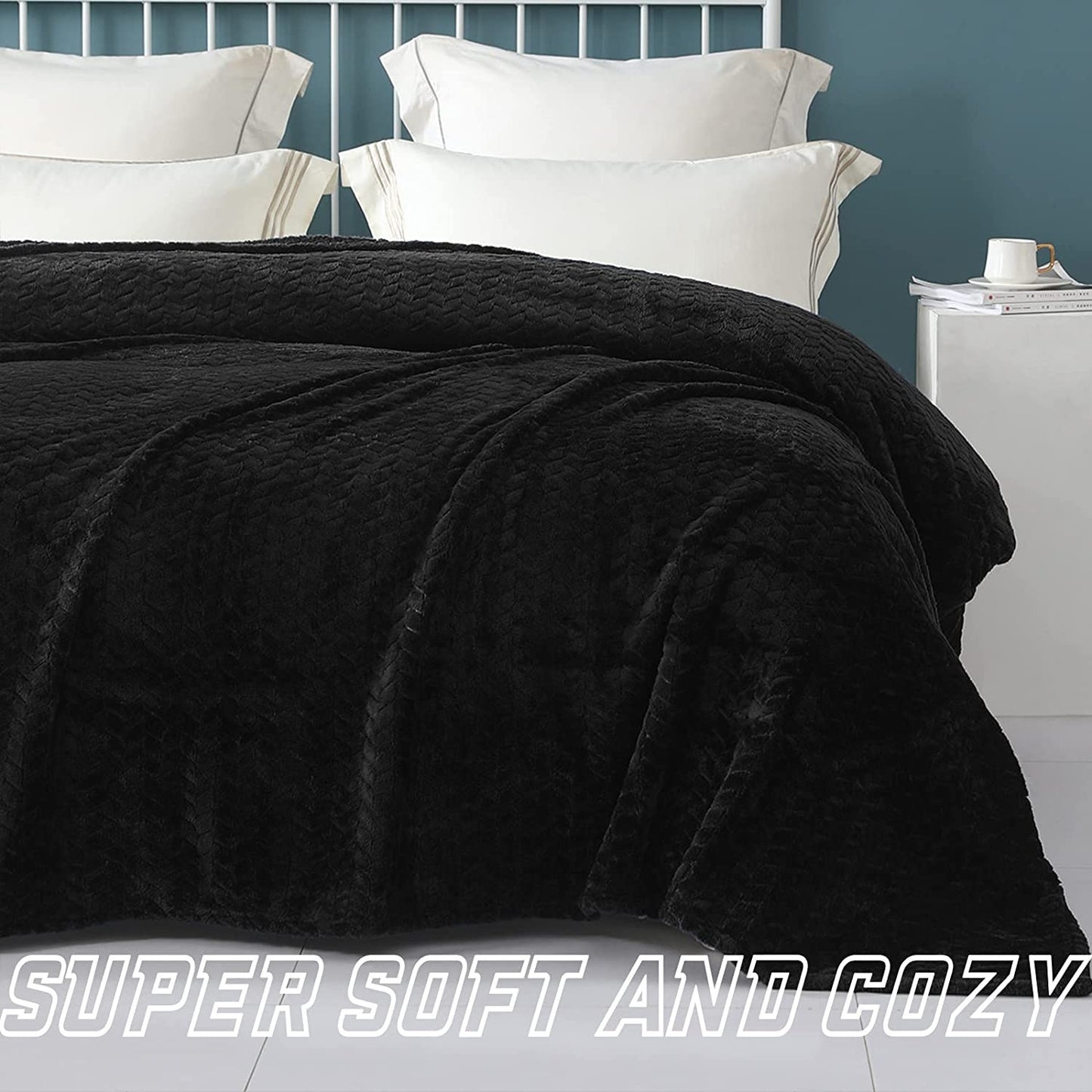 Exclusivo Mezcla Queen Size Jacquard Weave Leaves Pattern Flannel Fleece Velvet Plush Bed Blanket for Couch Bed Sofa (90" x 90", Black) - Soft, Lightweight, Warm and Cozy