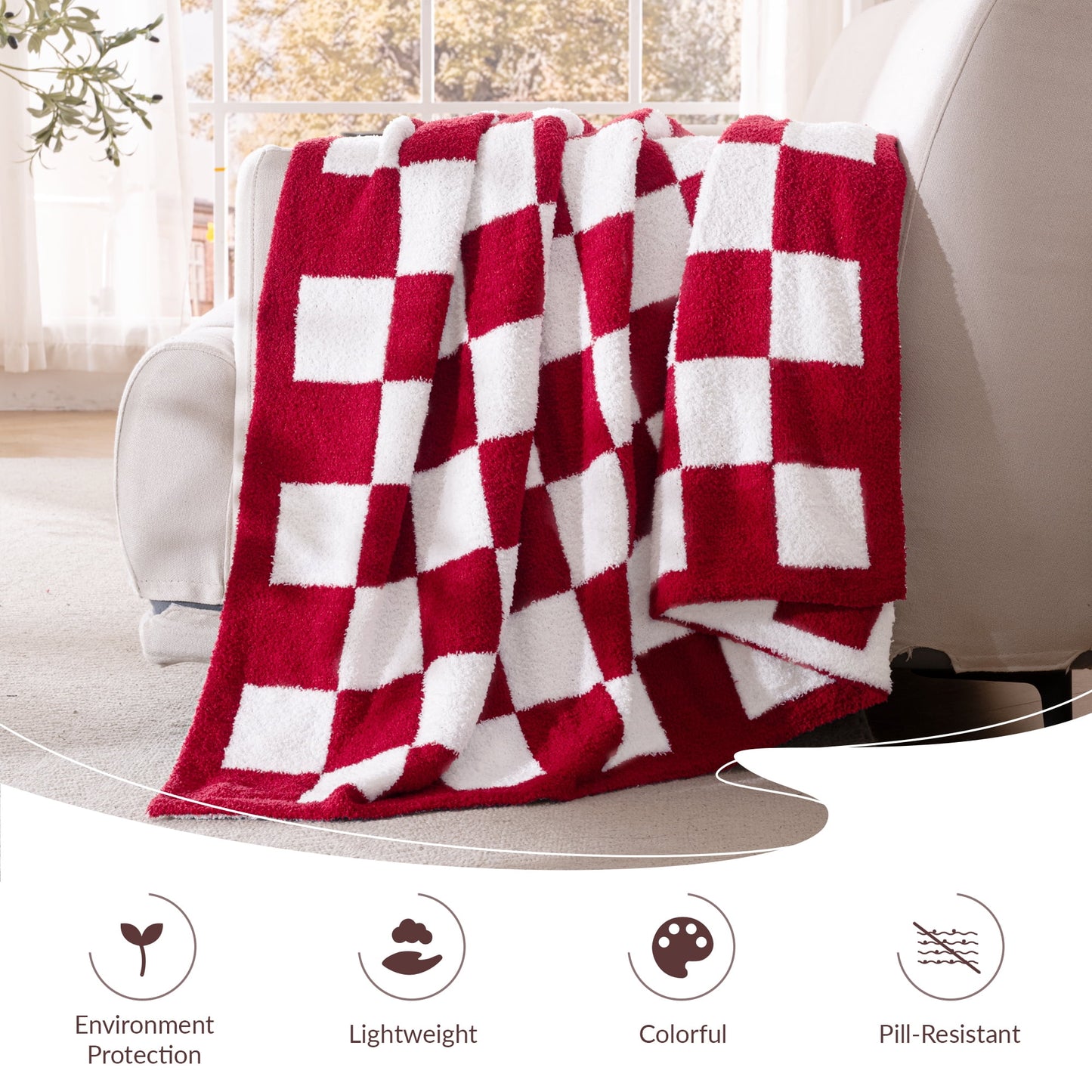 Exclusivo Mezcla Checkered Knit Throw Blanket, Ultra Soft Cozy Fluffy Checkerboard Blankets, Lightweight Fuzzy Plush Throw for Couch and Bed, Red, 50"x60"