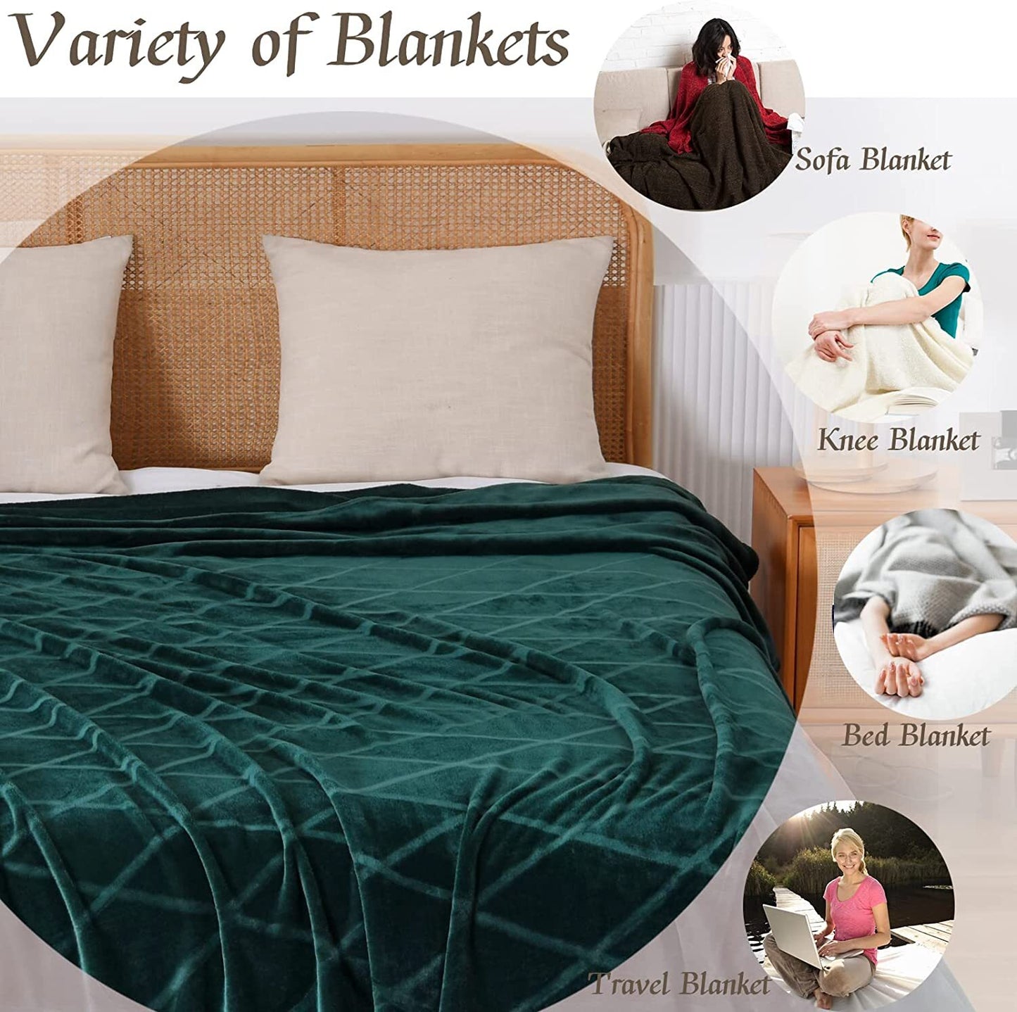 Exclusivo Mezcla King Size Flannel Fleece Blanket, 90x104 Inches Soft Diamond Geometry Pattern Velvet Plush Blanket for Bed, Cozy, Warm, Lightweight and Decorative Forest Green Blanket