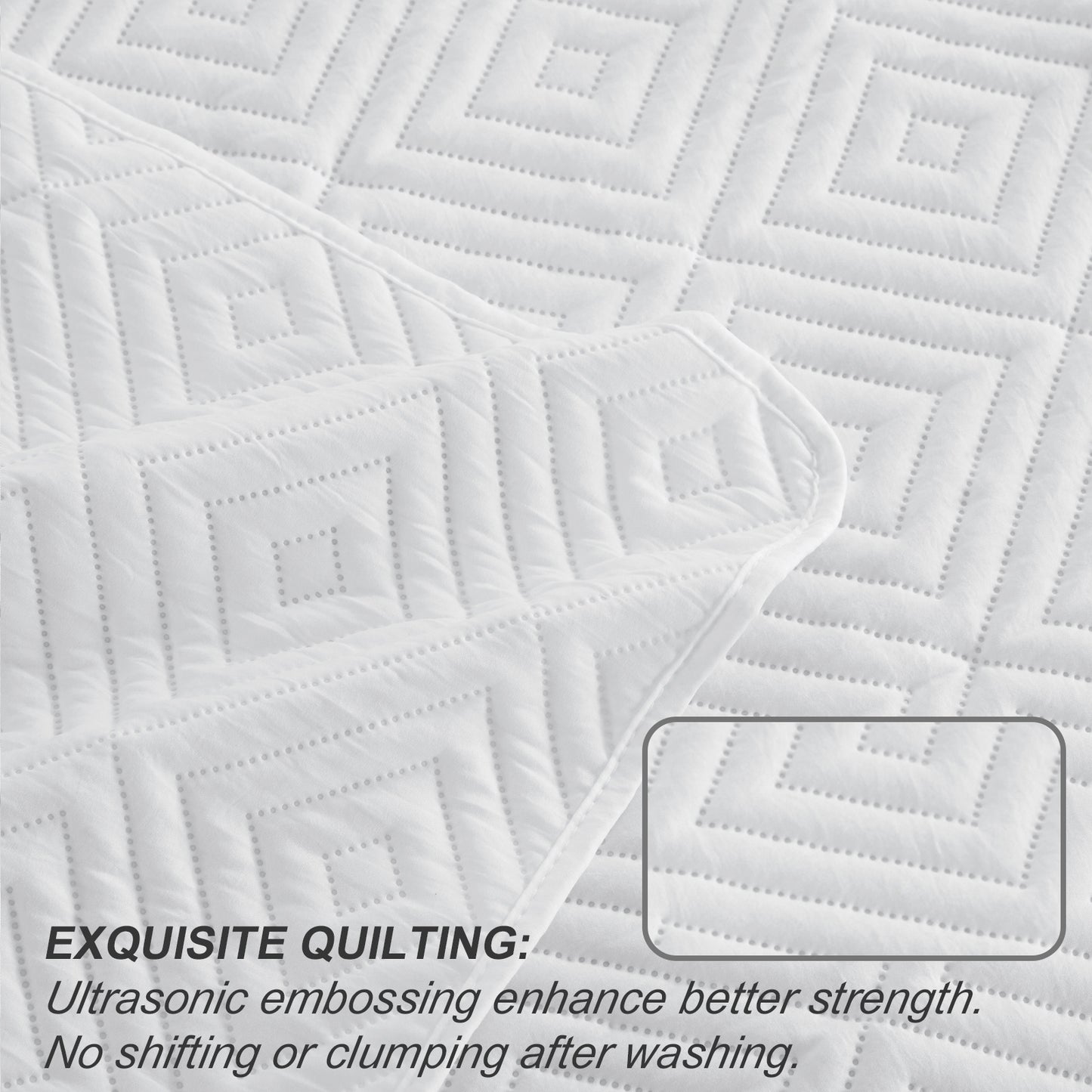 Exclusivo Mezcla 3-Piece White Queen Size Quilt Set, Square Pattern Ultrasonic Lightweight and Soft Quilts/Bedspreads/Coverlets/Bedding Set (1 Quilt, 2 Pillow Shams) for All Seasons