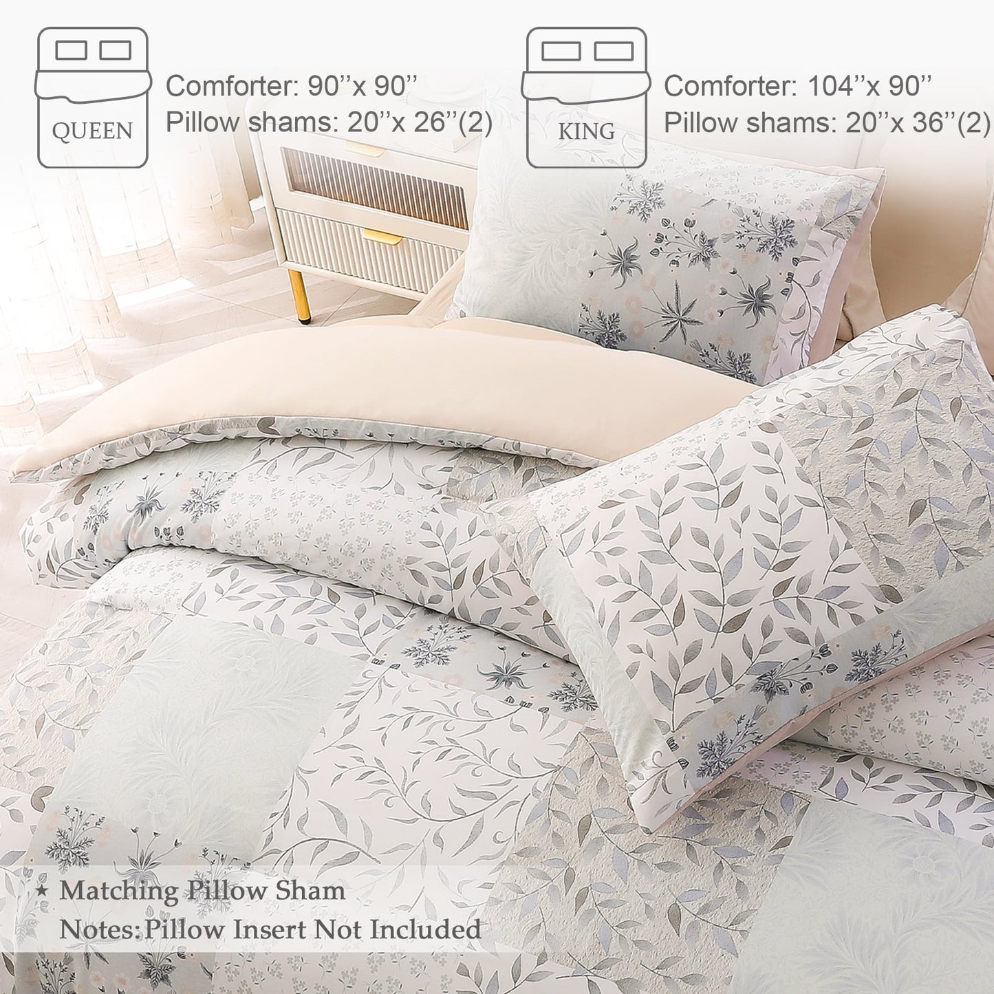 Exclusivo Mezcla 3-Piece Patchwork King Size Comforter Set, Microfiber Bedding Down Alternative Comforter for All Seasons with 2 Pillow Shams, Grey and Camel