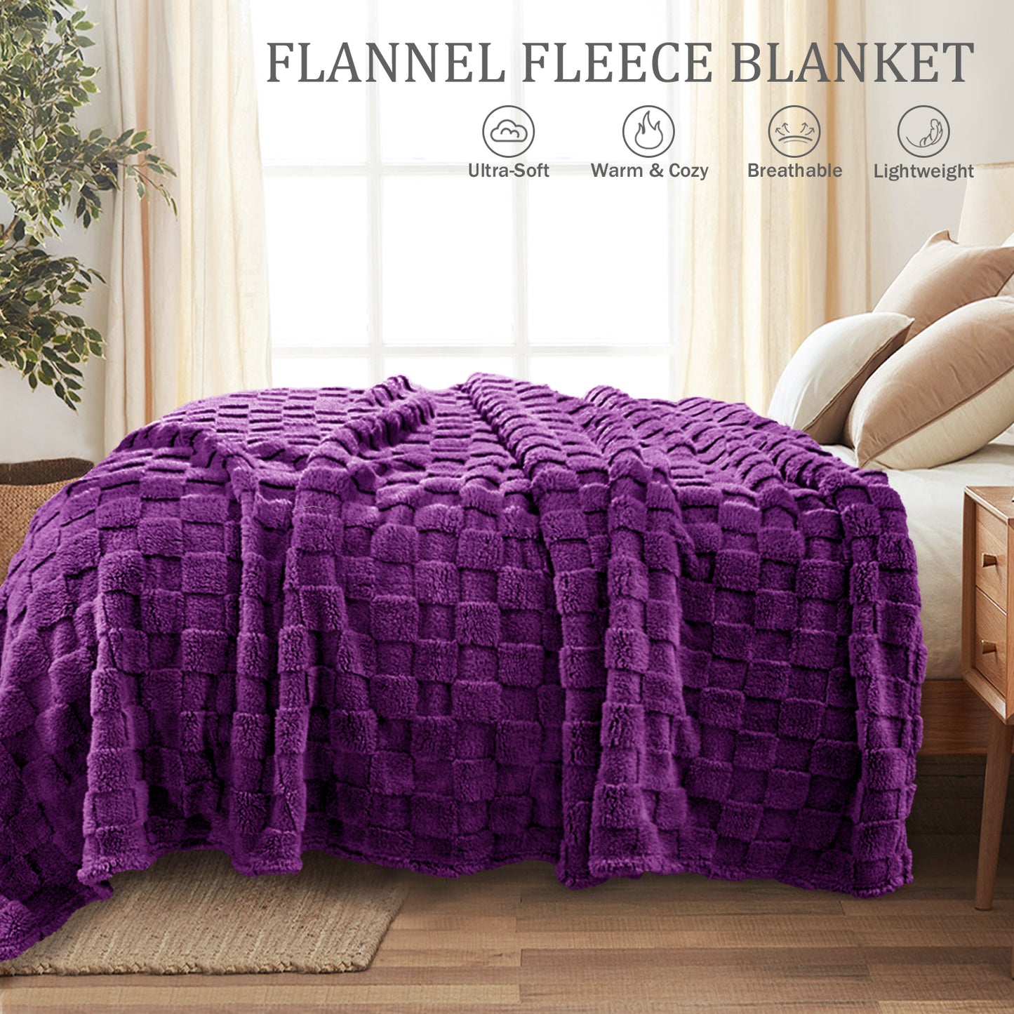 Exclusivo Mezcla King Size Flannel Fleece Blanket, Super Soft 3D Checkered Jacquard Bed Blanket, Cozy Fluffy Lightweight Blanket for All Seasons, 90x104 Inches, Purple Blanket