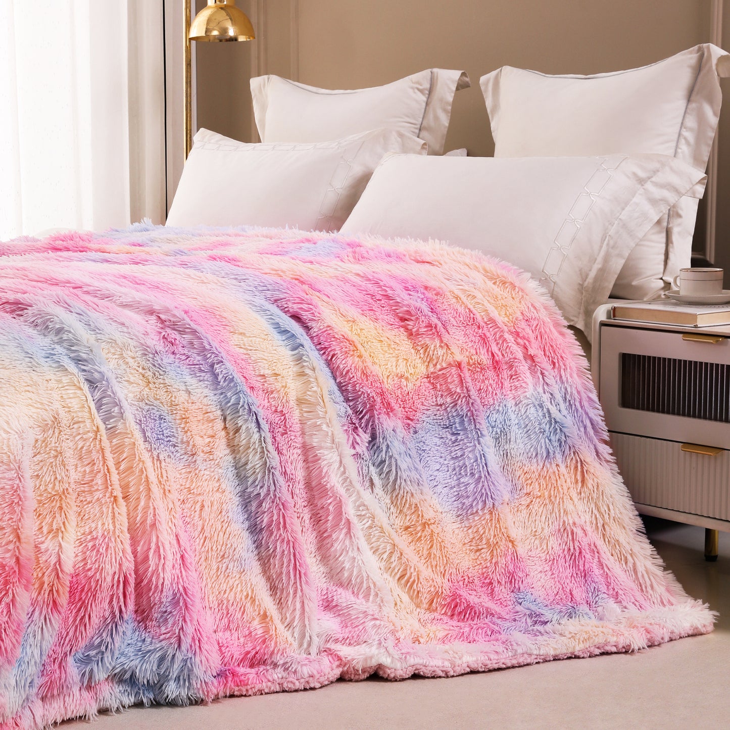 Exclusivo Mezcla Queen Size Faux Fur Bed Blanket, Super Soft Fuzzy and Plush Reversible Sherpa Fleece Blanket and Warm Blankets for Bed, Sofa, Travel, 90X90 inches, Light Rainbow