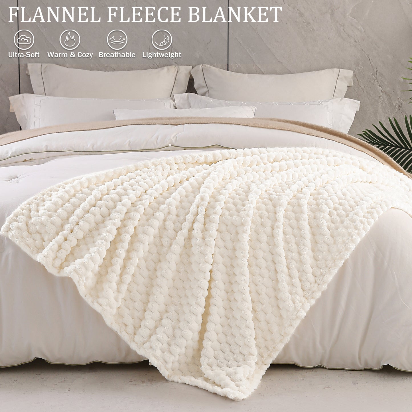 Exclusivo Mezcla Queen Size Flannel Fleece Blanket, 90x90 Inches Stylish Jacquard Velvet Plush Blanket for Bed, Cozy, Warm, Lightweight and Decorative Off White Blanket
