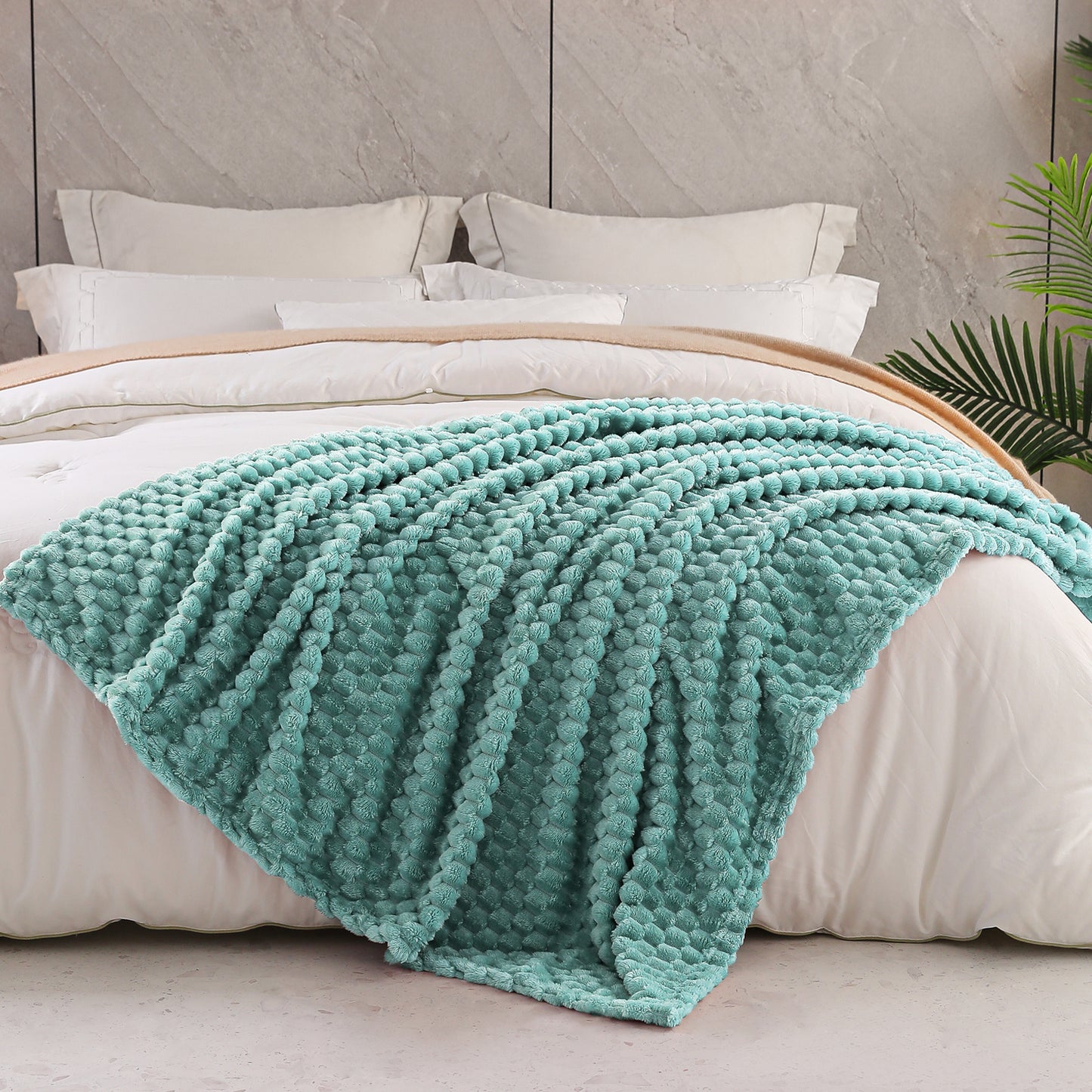 Exclusivo Mezcla Extra Large Soft Fleece Throw Blanket, 50x70 Inches 3D Clouds Stylish Jacquard Throw Blanket for Couch, Cozy Soft Lightweight for All Season, Celadon Blanket