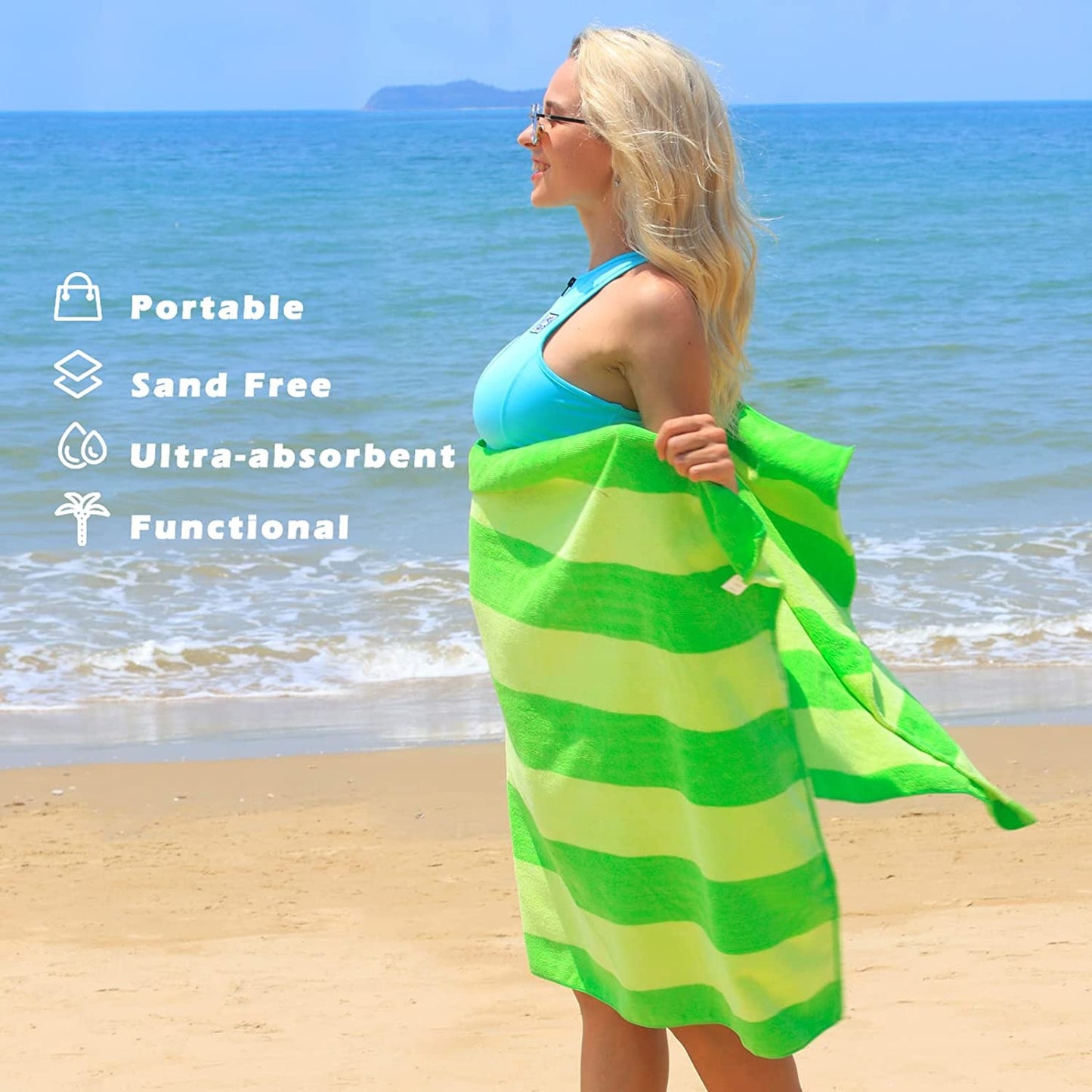 Exclusivo Mezcla 2 Pack Microfiber Cabana Striped Large Beach Towel for Adults (Green, 30" x 60")-Soft, Quick Dry, Absorbent, and Plush