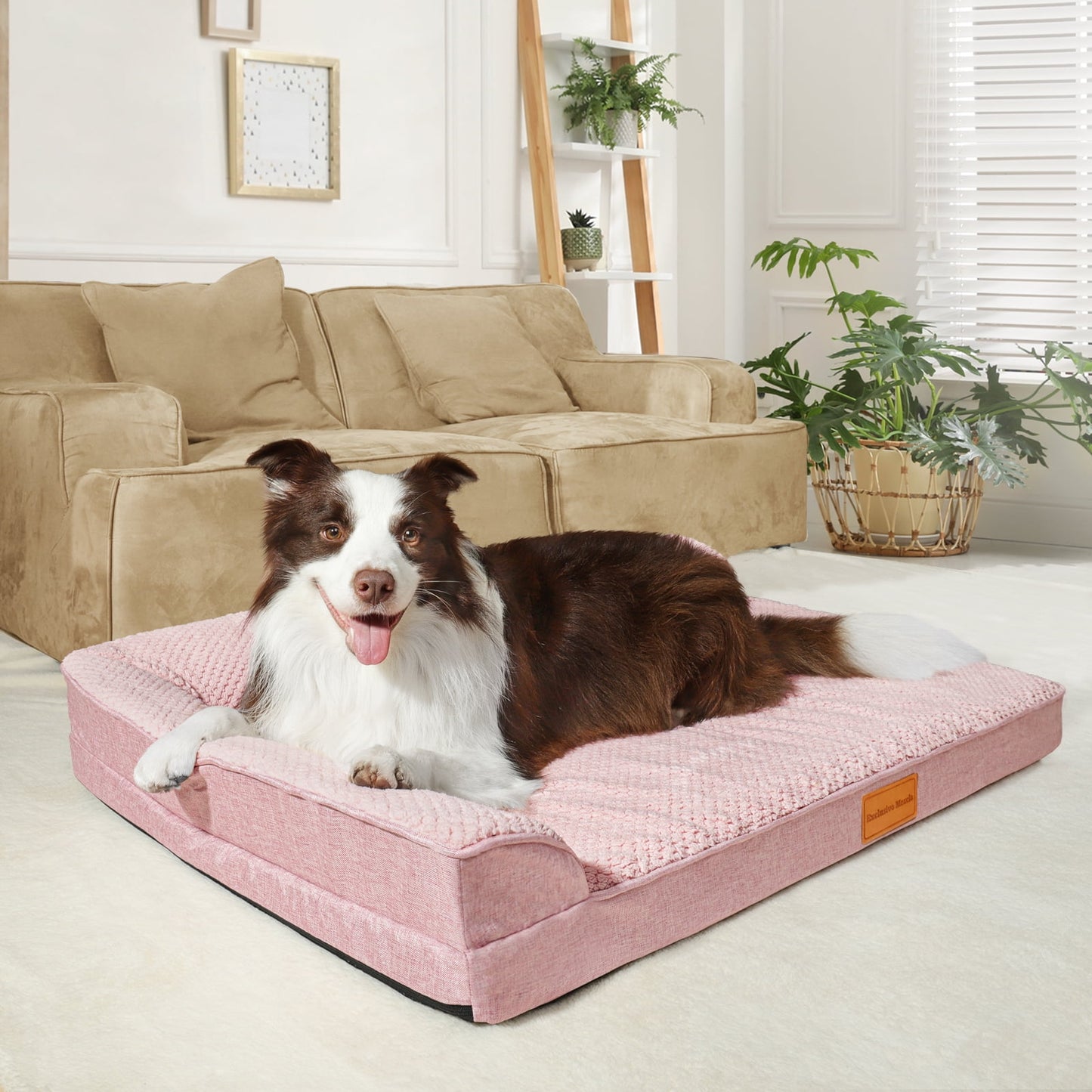 Exclusivo Mezcla Jacquard Orthopedic Pet Bed for Median Dogs, 36"X24" Waterproof L Shaped Dog Bed with Washable Cover, Pink