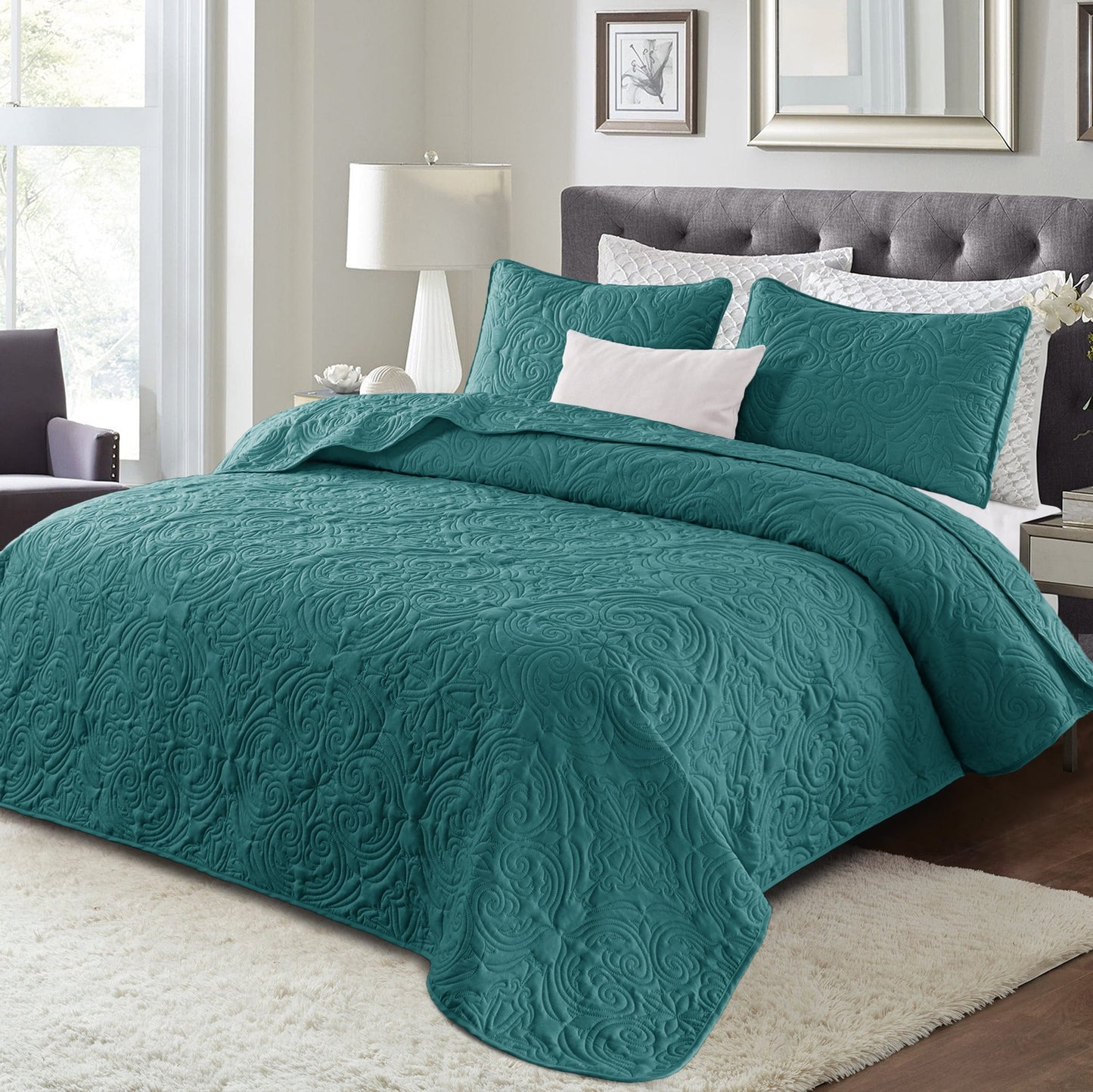 Exclusivo Mezcla King Quilt Bedding Set, Lightweight Vintage King Size Quilts with Pillow Shams, Soft Bedspreads Coverlets for All Seasons, (104"x96", Teal)