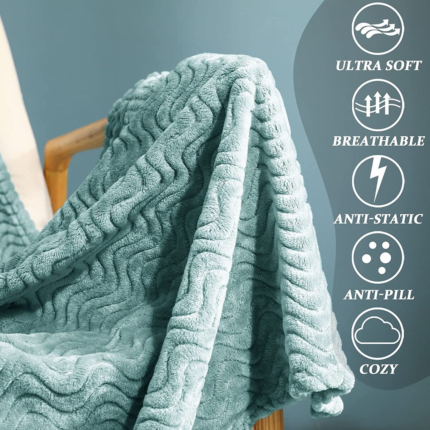 Exclusivo Mezcla Large Flannel Fleece Throw Blanket, Jacquard Weave Wave Pattern (50" x 70", Celadon) - Soft, Warm, Lightweight and Decorative