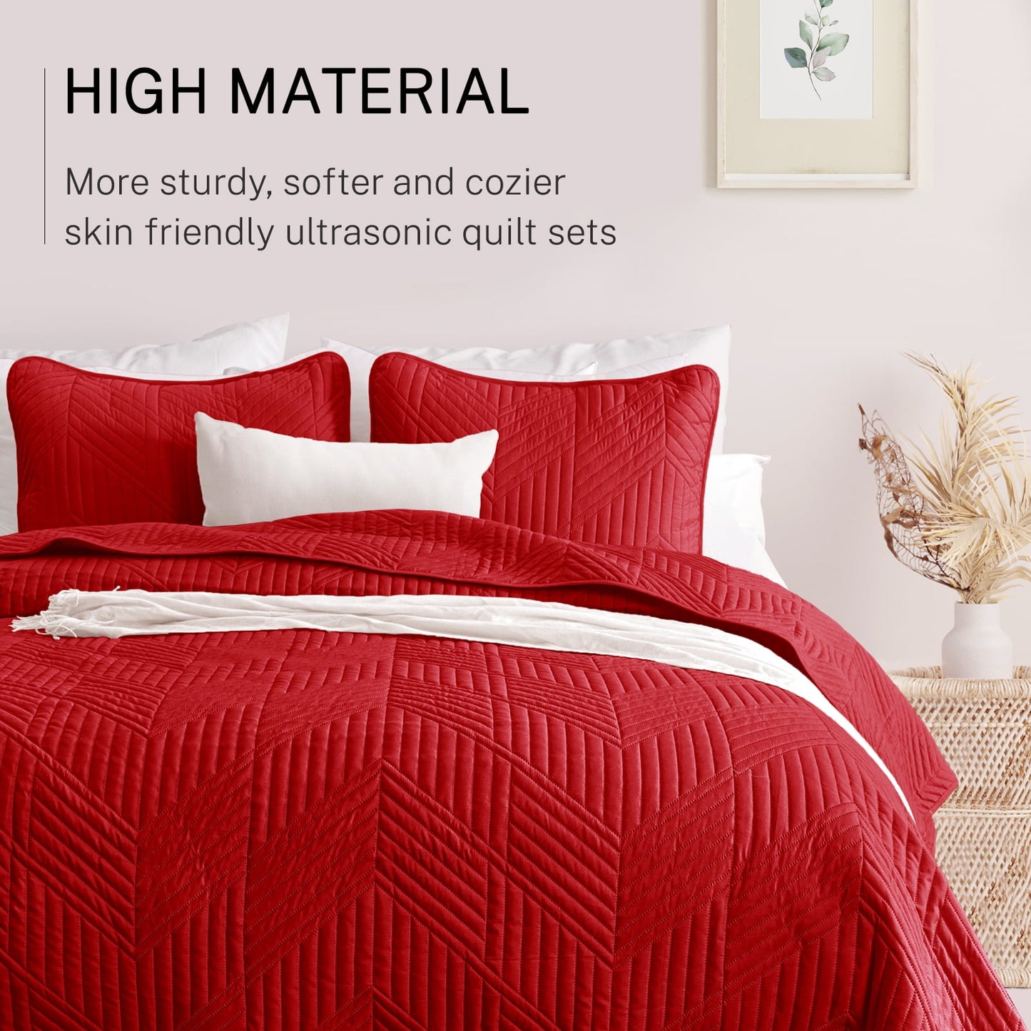 Exclusivo Mezcla Ultrasonic Twin Quilt Bedding Set, Lightweight Red Bedspreads Soft Modern Geometric Coverlet Set for All Seasons (1 Quilt and 1 Pillow Sham)