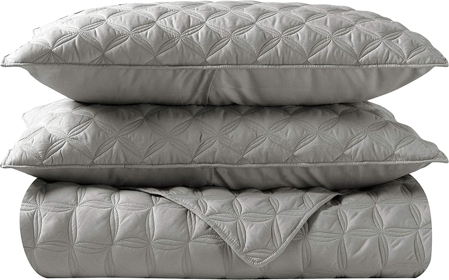 Exclusivo Mezcla Bed Quilt Set King Size for All Seasons, Stitched Pattern Quilted Bedspread/ Bedding Set/ Coverlet with 2 Pillow shams, Lightweight and Soft, Light Grey
