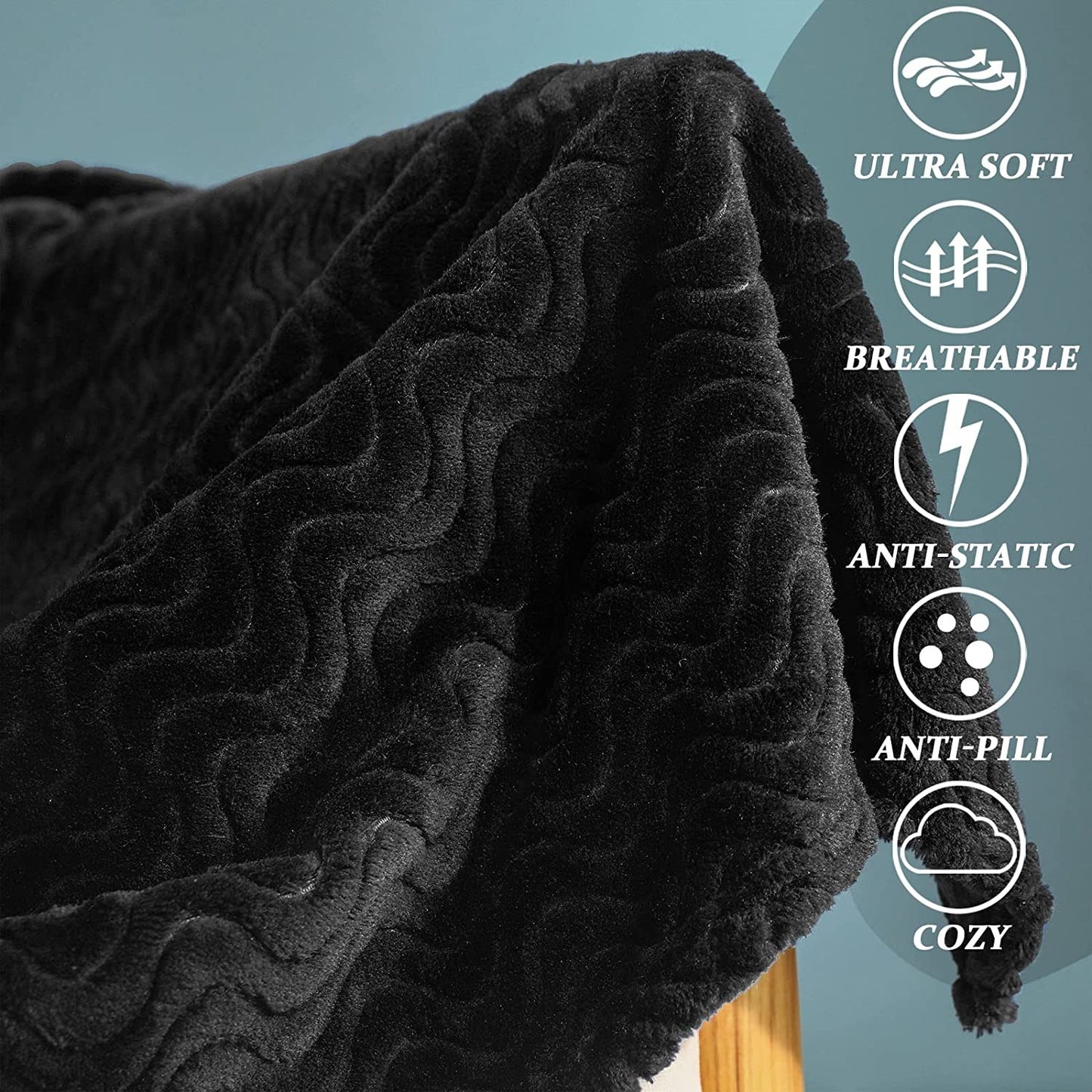Exclusivo Mezcla Large Flannel Fleece Throw Blanket, Jacquard Weave Wave Pattern (50" x 70", Black) - Soft, Warm, Lightweight and Decorative