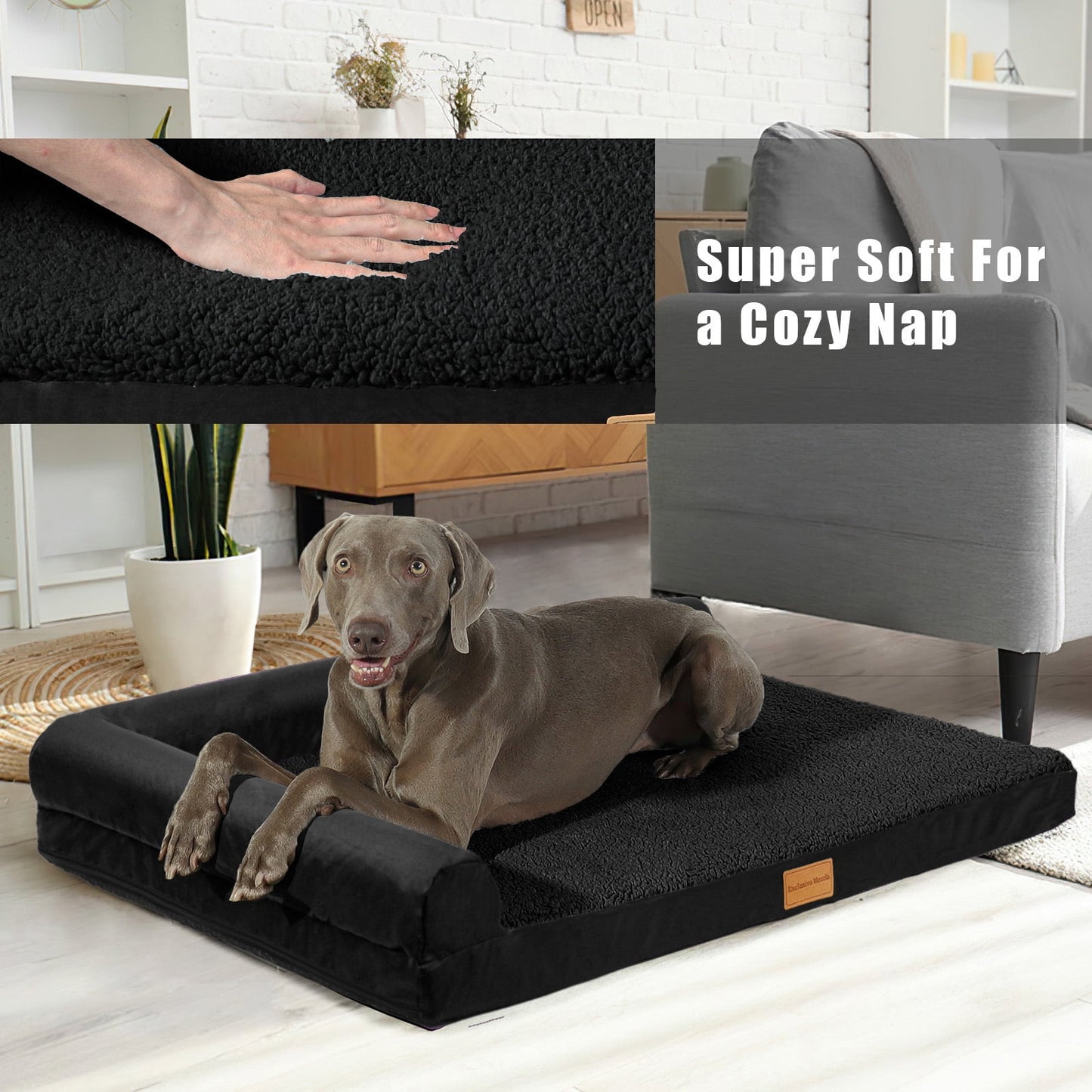 Exclusivo Mezcla Orthopedic Pet Bed for Extra Large Dogs 56"X40", L Shaped Waterproof Dog Beds with Removable Washable Cover, Black