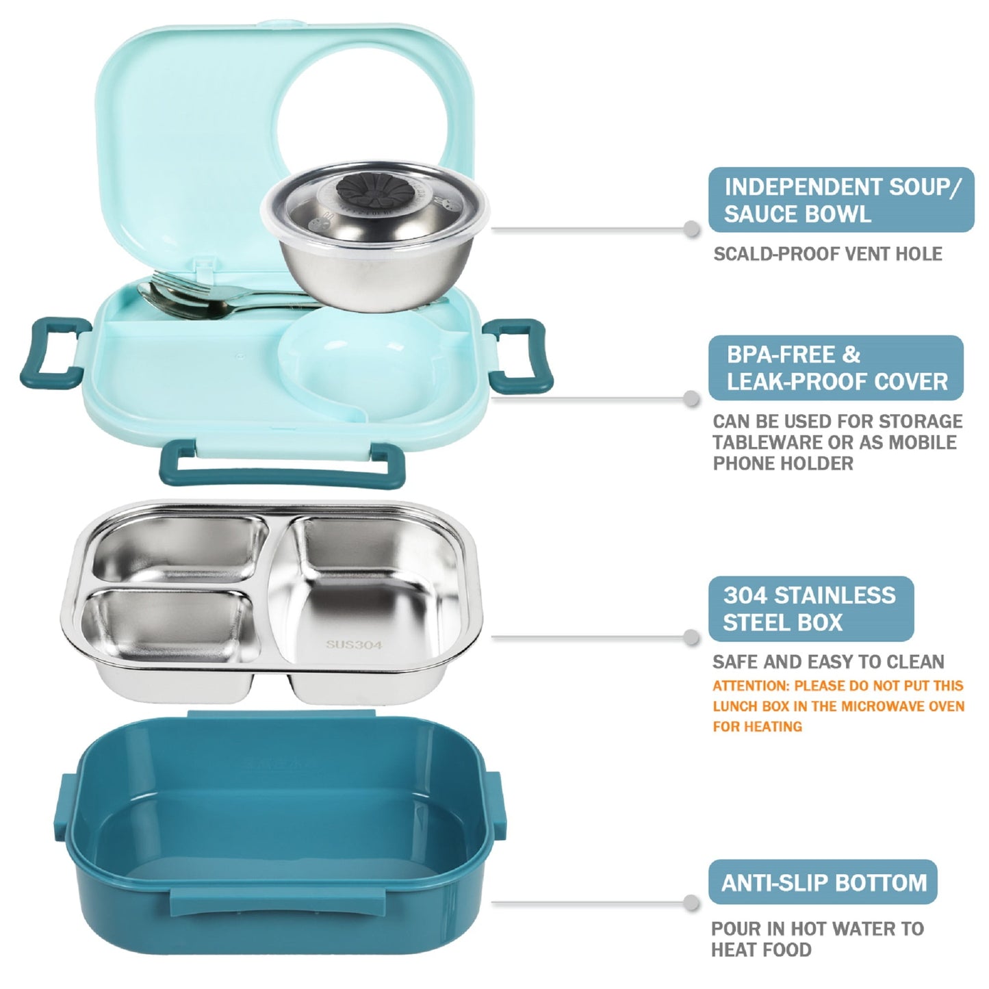 Exclusivo Mezcla Stainless Steel Bento Lunch Box for Kids and Adults,Stackable BPA-Free Food Containers with 3 Compartments and Reusable Sauce Bowl, Fork and Spoon, (1000ml/34oz, Light Blue)