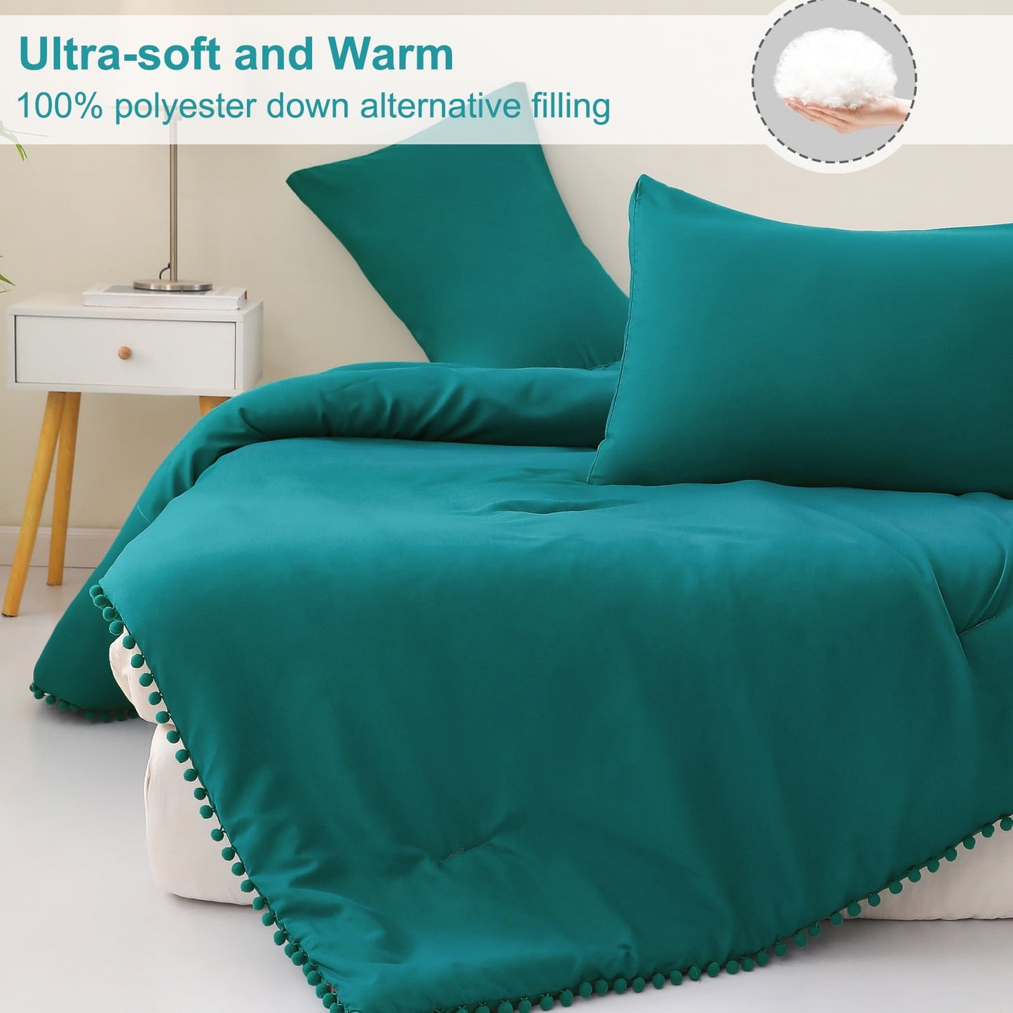 Exclusivo Mezcla Boho Pom Pom Ball Fringe Queen Comforter Set, 3 Piece Dusty Teal Lightweight Down Alternative Bedding Comforter Sets for All Seasons (1 Comforter and 2 Pillowcases)