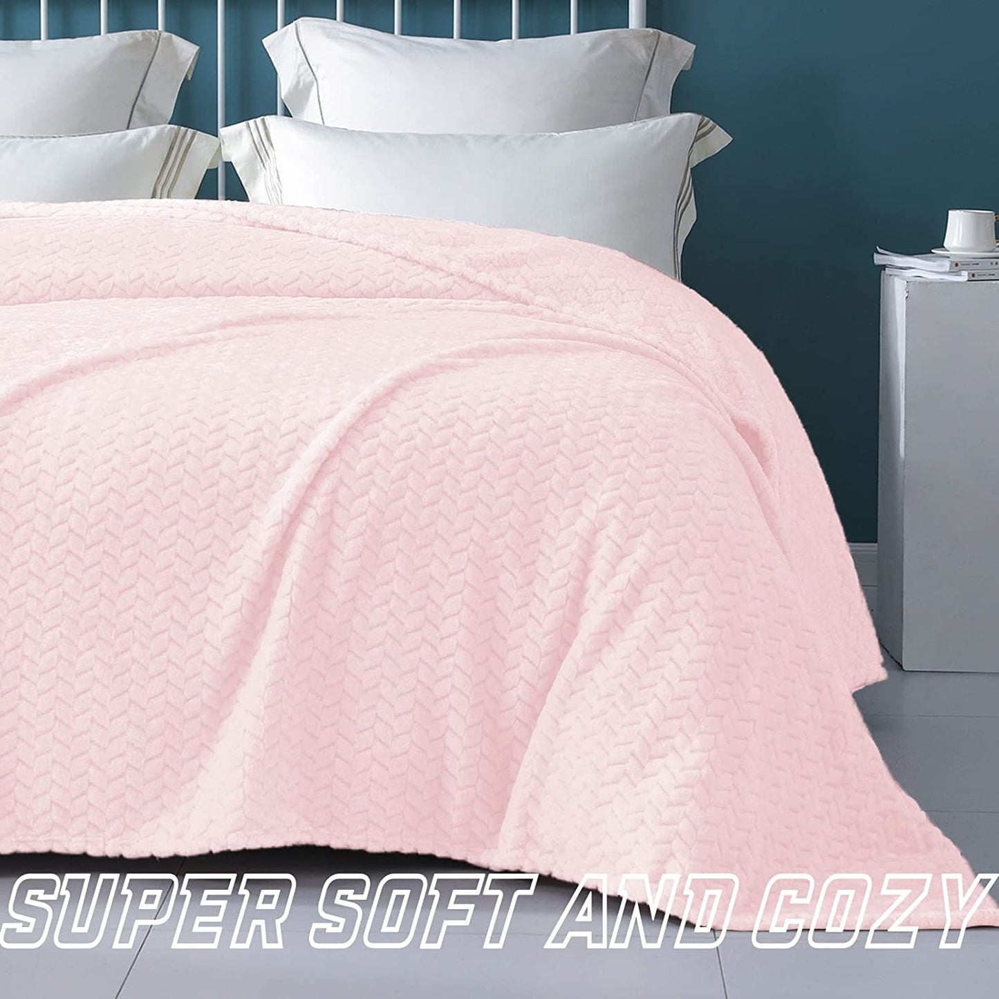 Exclusivo Mezcla Twin Size Flannel Fleece Blanket, 90x66 Inches Soft Jacquard Weave Leaves Pattern Velvet Plush Blanket for Bed, Cozy, Warm, Lightweight and Decorative Light Pink Blanket