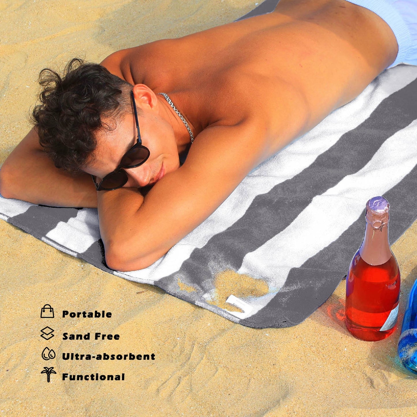 Exclusivo Mezcla 4-Pack Large Beach Towel for Kids and Adults, Microfiber Cabana Striped Pool Beach Towels Set (Purple/Navy/Gray/Caribbean Green, 30" x 60"), Lightweight and Highly Absorbent