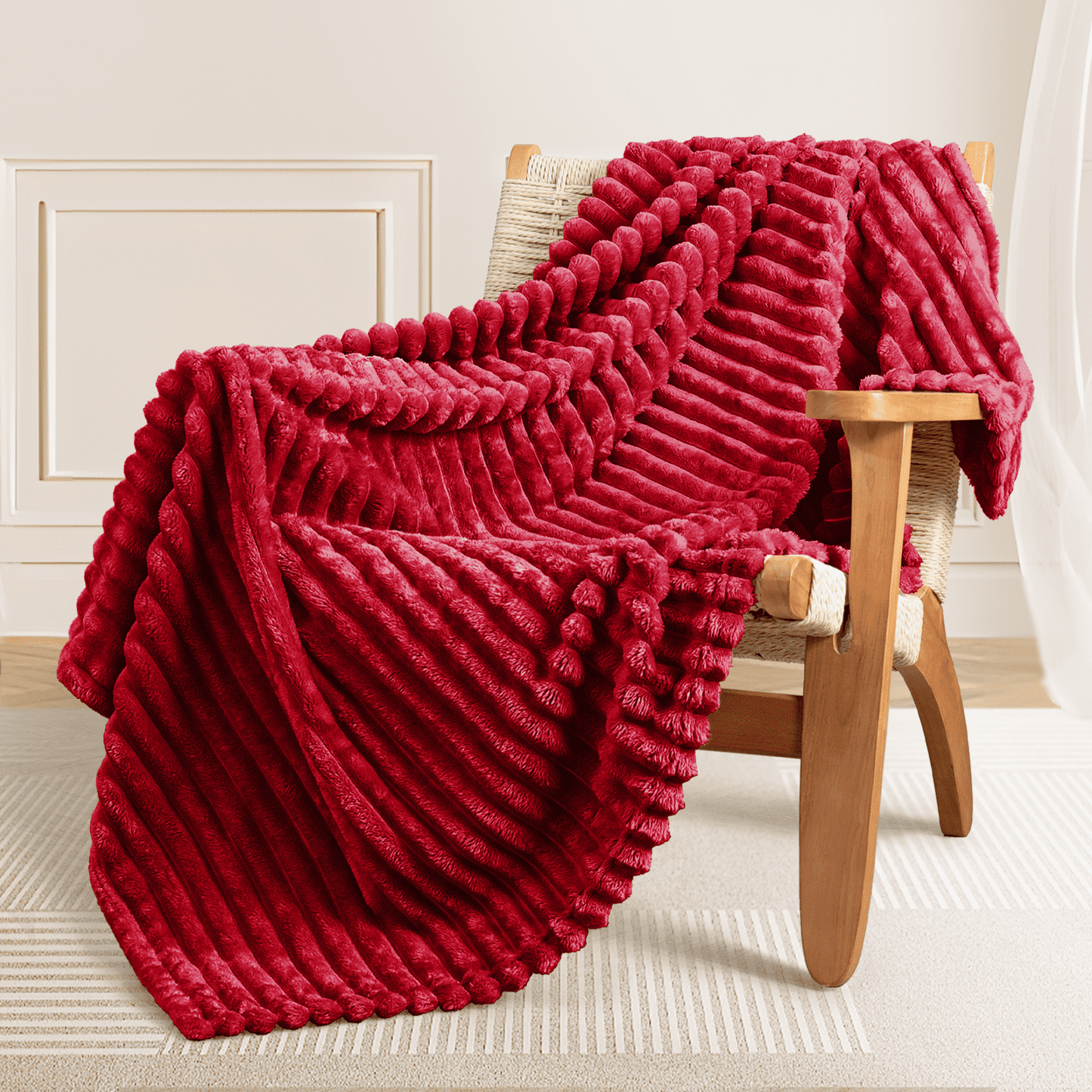 Exclusivo Mezcla Fleece Throw Blanket for Couch, Super Soft 3D Striped Jacquard Bed Blanket, Lightweight Fuzzy Cozy Blankets for All Seasons, 50x60 Inches, Deep Red Blanket
