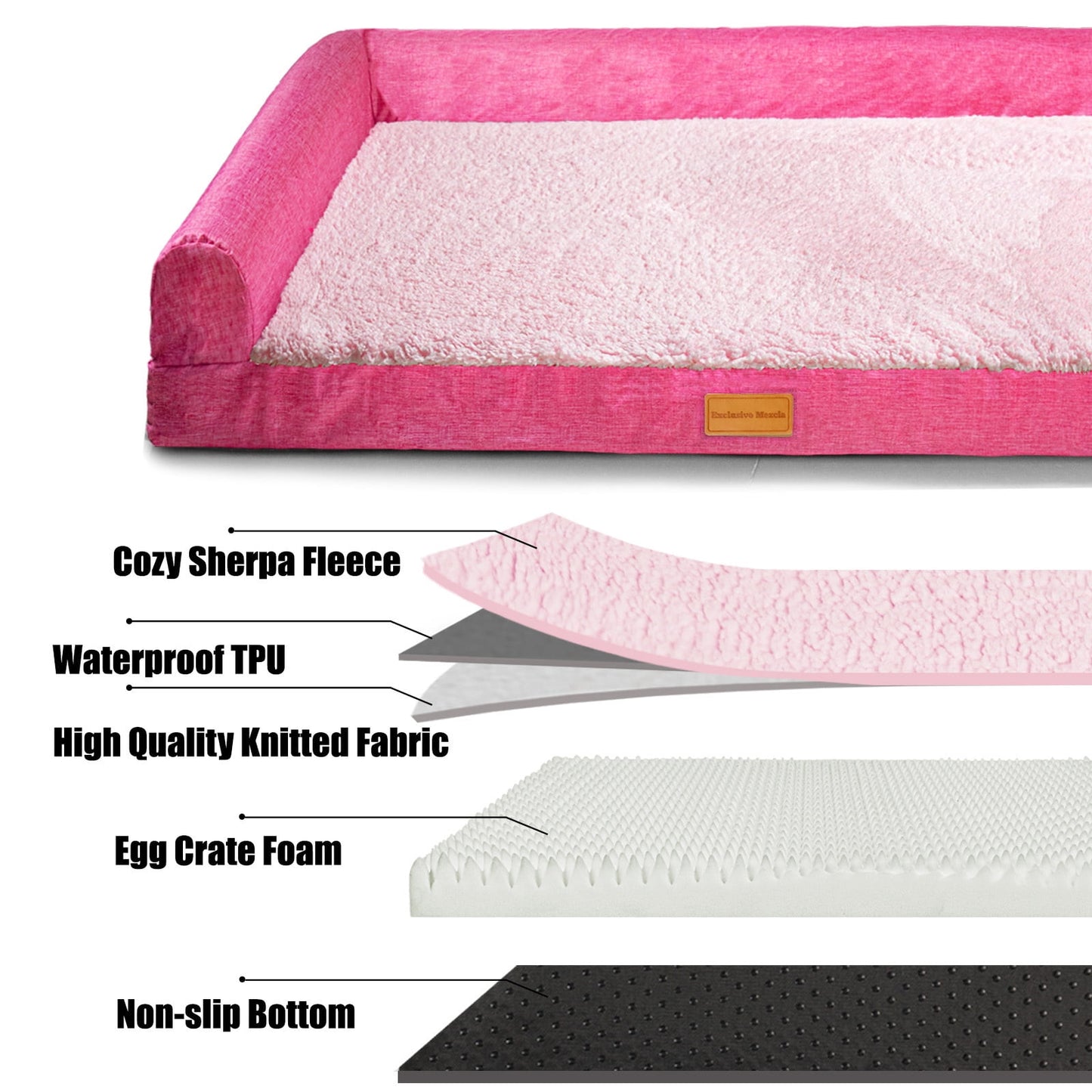 Exclusivo Mezcla Orthopedic Pet Bed for Extra Large Dogs 56"X40", L Shaped Waterproof Dog Beds with Removable Washable Cover, Pink