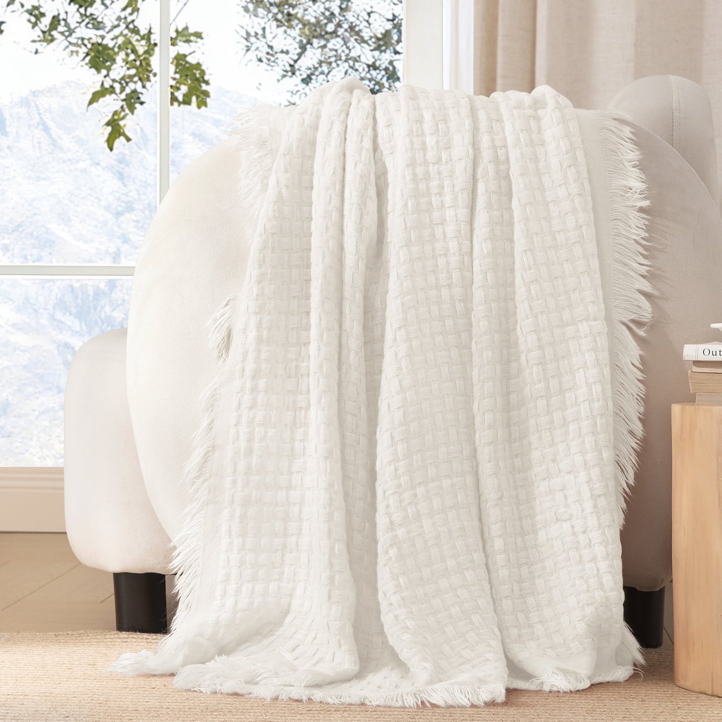 Exclusivo Mezcla Knitted Throw Blanket with Fringes for Couch, Soft and Warm Textured Throw for All Season, Lightweight Breathable Room Decor, Ivory, 50??x60??,Exclusivo Mezcla"