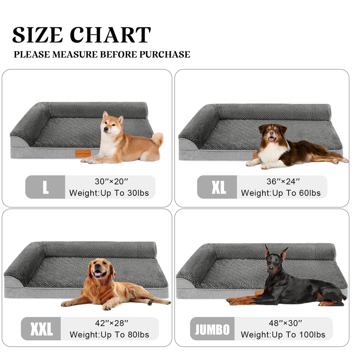 Exclusivo Mezcla Jacquard Orthopedic Pet Bed for Extra Large Dogs, 48"X30" Waterproof L Shaped Dog Bed with Washable Cover, Grey