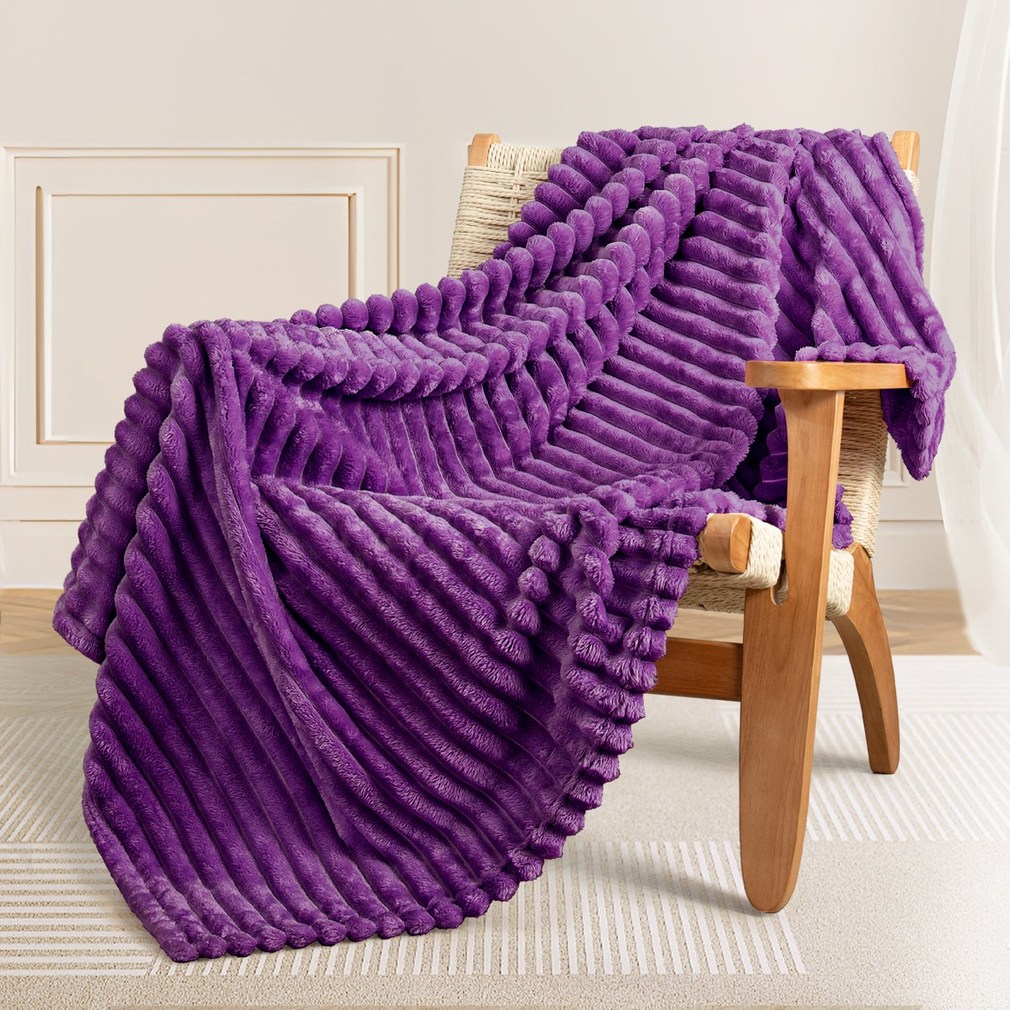 Exclusivo Mezcla Queen Size Flannel Fleece Blanket, Super Soft 3D Striped Jacquard Bed Blanket, Lightweight Fuzzy Cozy Blankets for All Seasons, 90x90 Inches, Purple Blanket