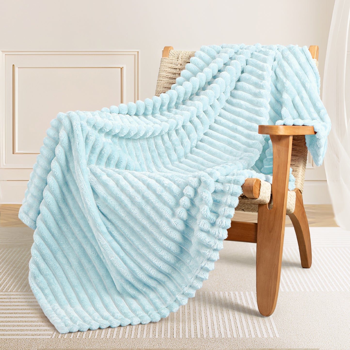 Exclusivo Mezcla King Size Flannel Fleece Blanket, Super Soft 3D Striped Jacquard Bed Blanket, Lightweight Fuzzy Cozy Blankets for All Seasons, 90x104 Inches, Light Blue Blanket