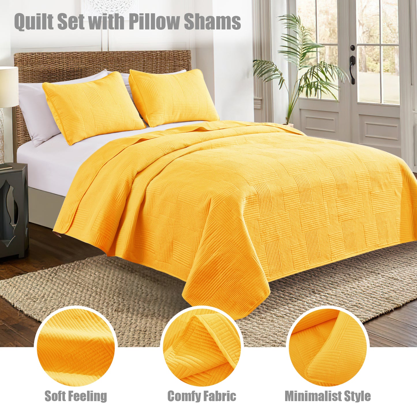Exclusivo Mezcla Queen Quilt Set, Soft and Lightweight Bedspreads Coverlet with Striped Pattern, Bedding Sets with 2 Pillow Shams, Reversible Bed Cover for All Seasons, 96x90 Inches, Yellow Grid