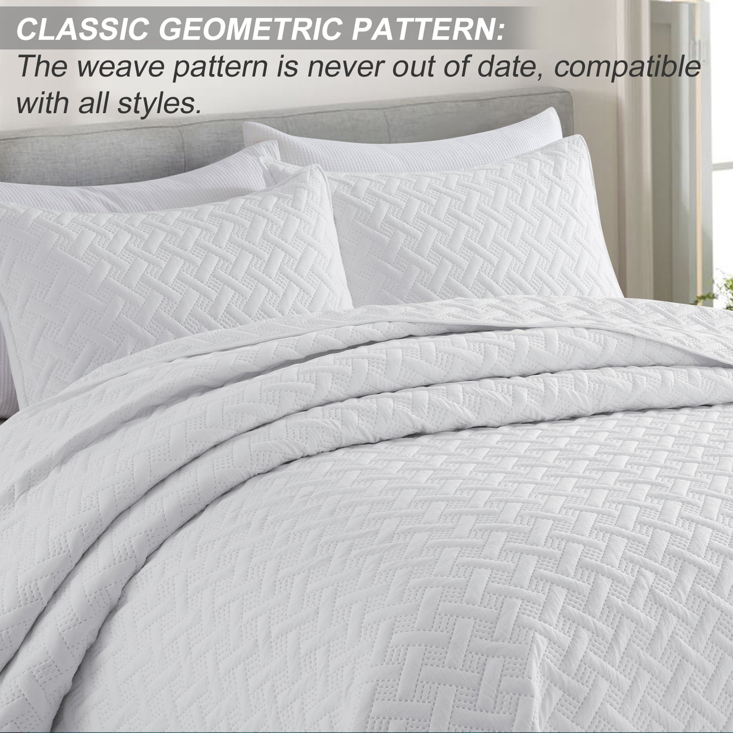 Exclusivo Mezcla 3-Piece White Queen Size Quilt Set, Weave Pattern Ultrasonic Lightweight and Soft Quilts/Bedspreads/Coverlets/Bedding Set (1 Quilt, 2 Pillow Shams) for All Seasons